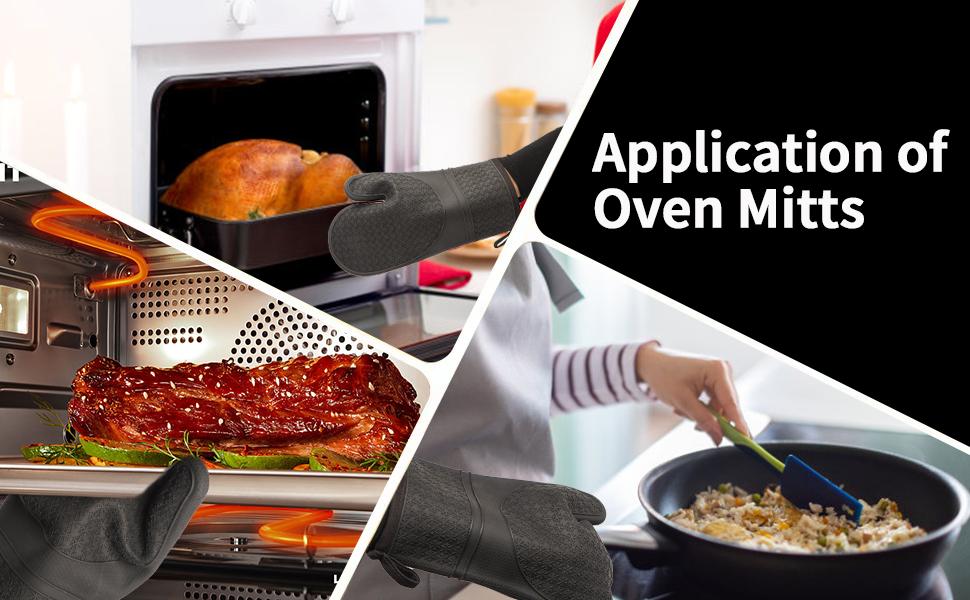 Silicone Oven Mitts, Heat Resistant to 500 Degrees Fahrenheit, 2-Pack Kitchen Gloves, 11.6inch BPA-Free Soft Baking Gloves, Non-Slip Grip Oven Mitts with Soft Cotton Lining, Suitable for Kitchen Cooking, Baking, Barbecue - Black