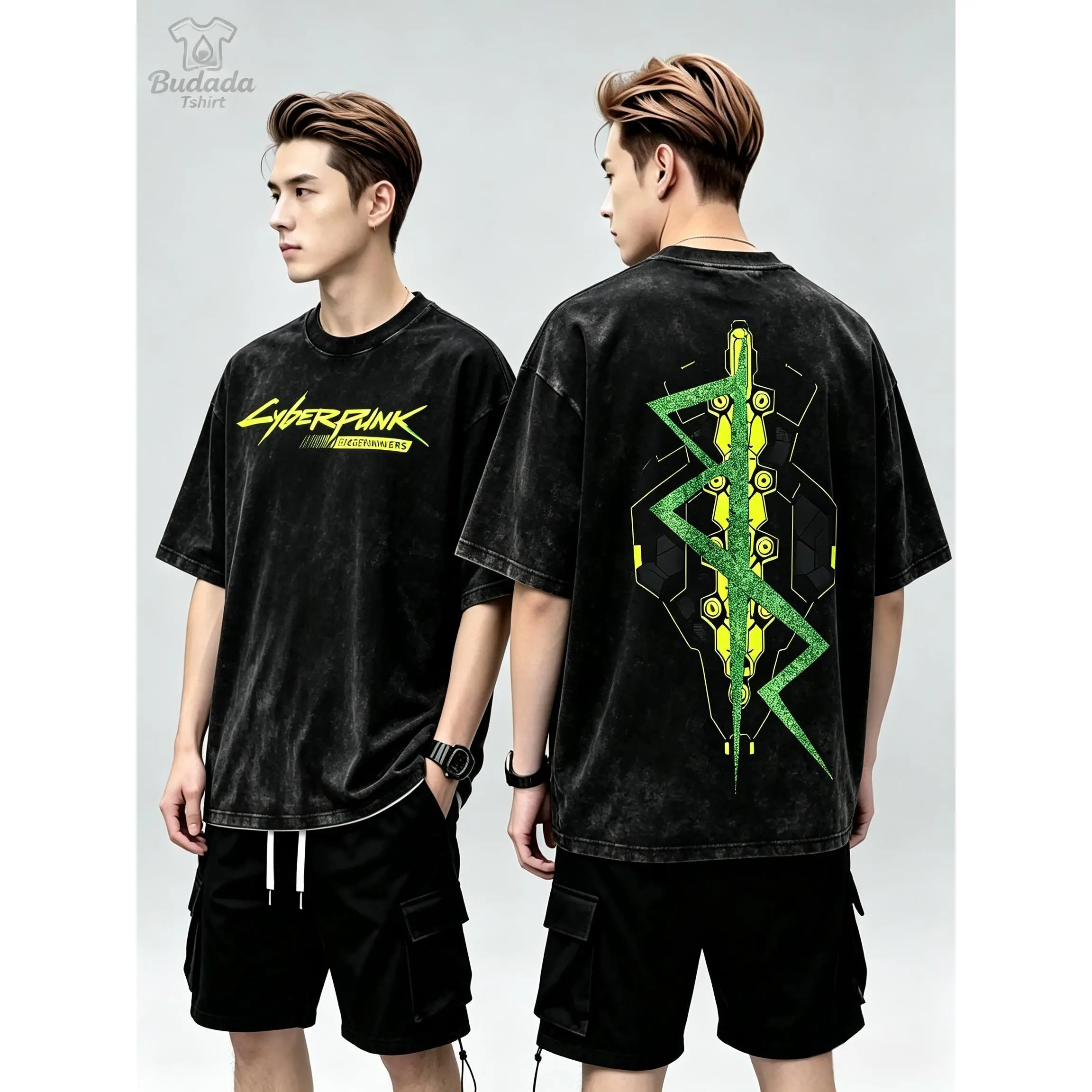 Men's Vintage Wash Graphic Tee, Soft Cotton T-Shirt with Cyberpunk David Martinez Double-Sided Print, Casual Athletic Streetwear for All Seasons, Foldable