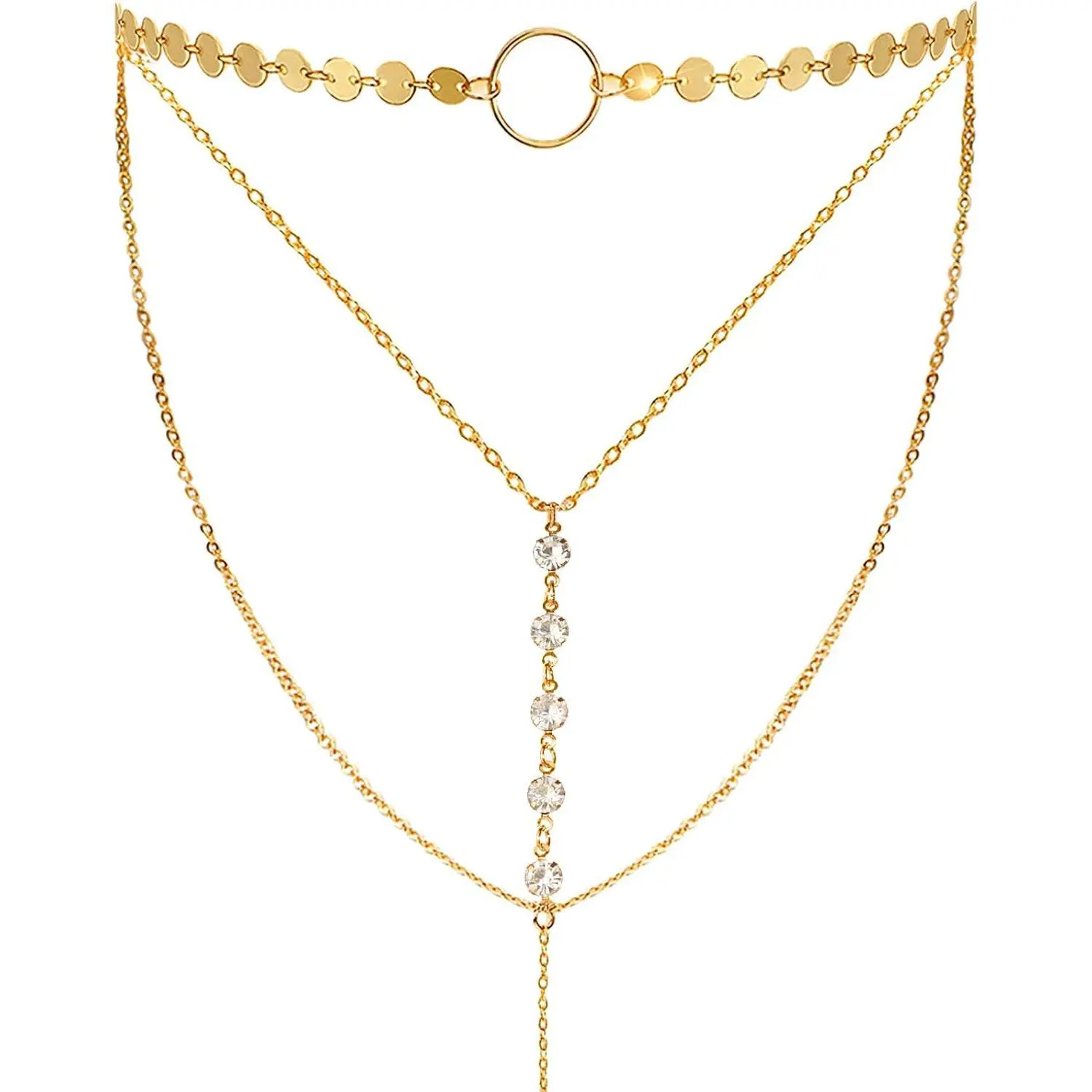 Suyi Stylish Layered Sequins Choker Necklace with Thin Long Chian Pendant for Women Lady