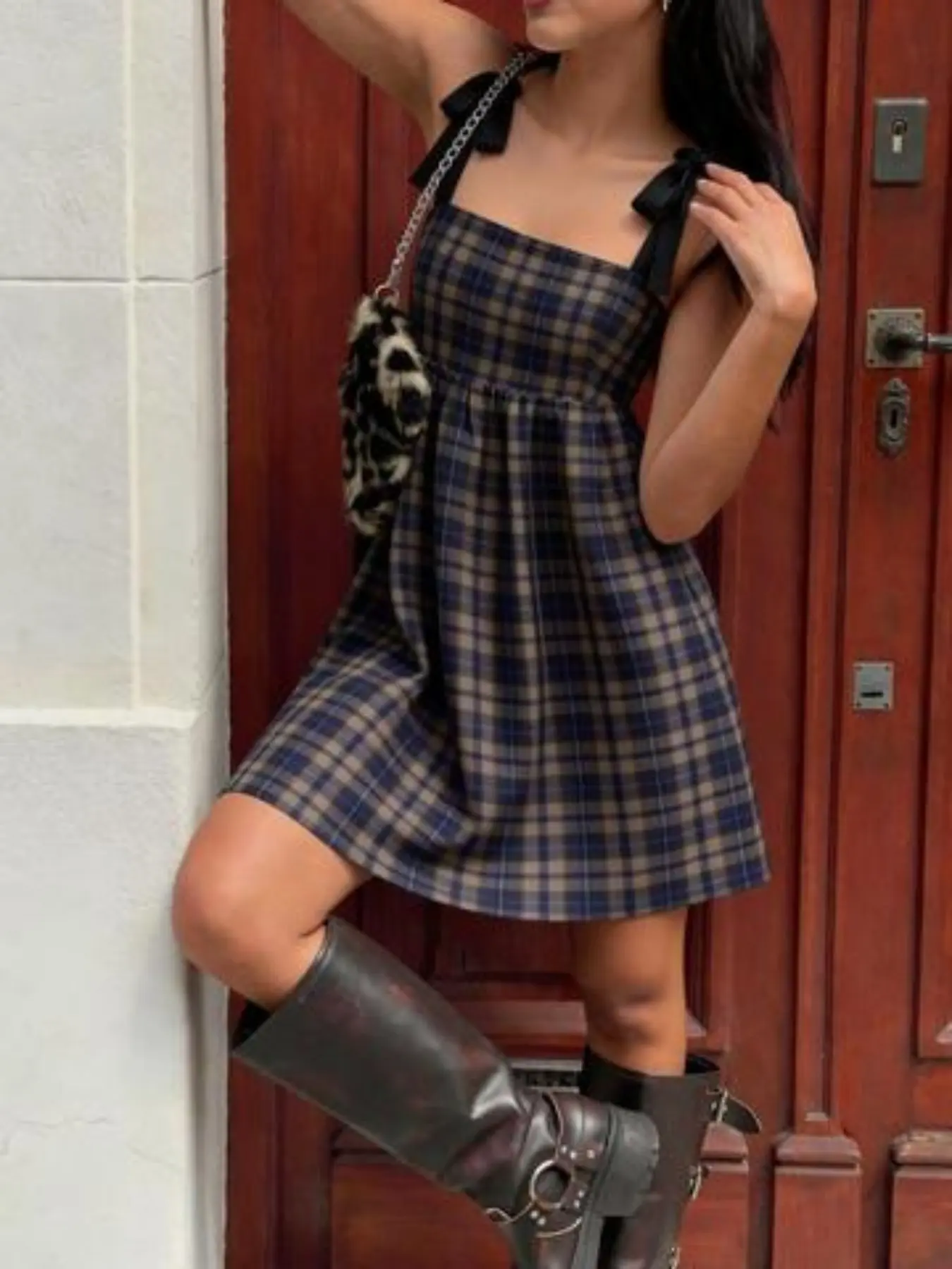 New Japanese Style Sweet Plaid Camisole Dress, Adjustable Bow Tie Straps, Elegant Sleeveless Design, Versatile Fashion for All Seasons, Lightweight, Chic