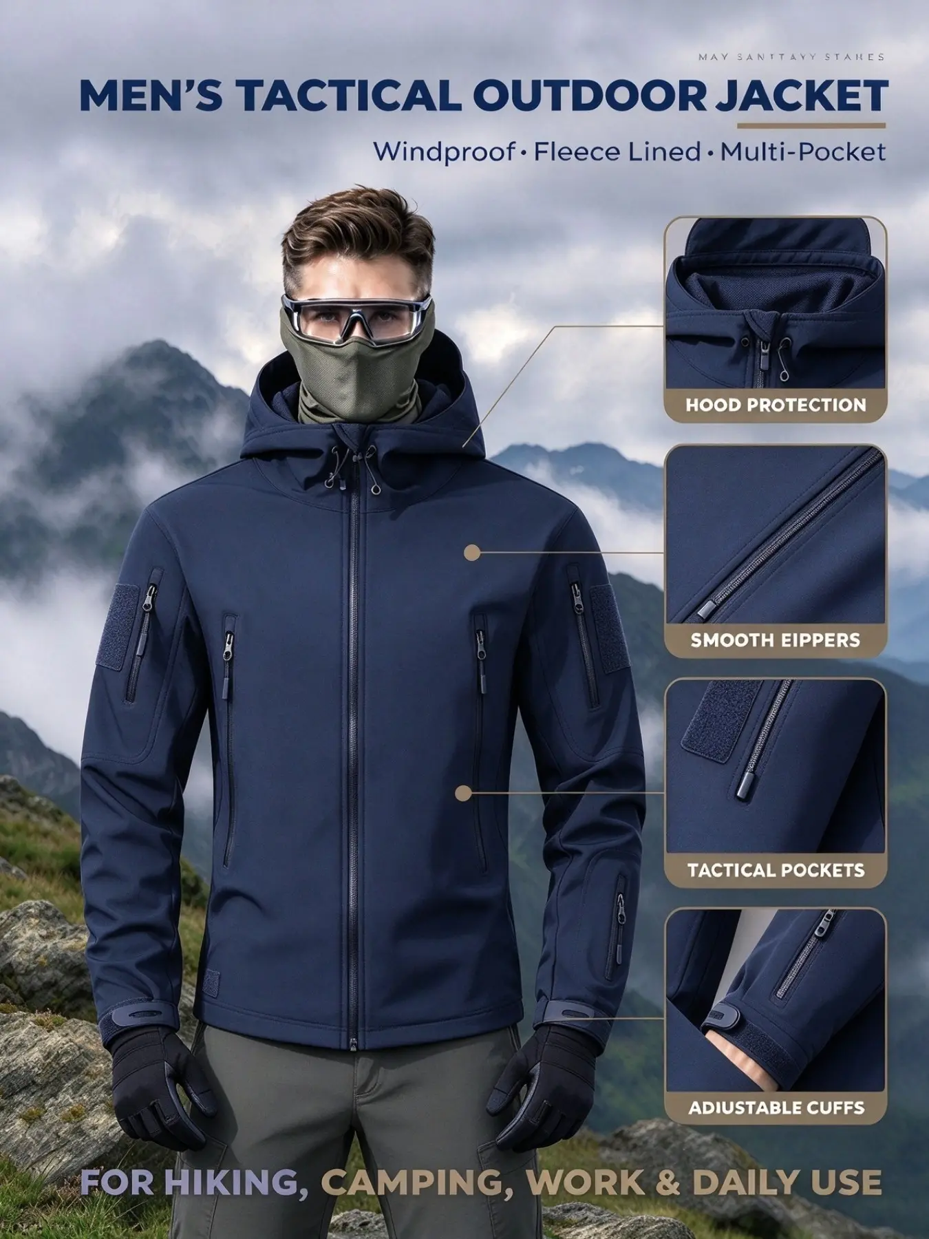 Men's Fleece Lined Hardshell Jacket, Hooded Long Sleeve Sporty Outerwear, Windproof Multi-Pocket Outdoor Gear, H Type Slim Fit