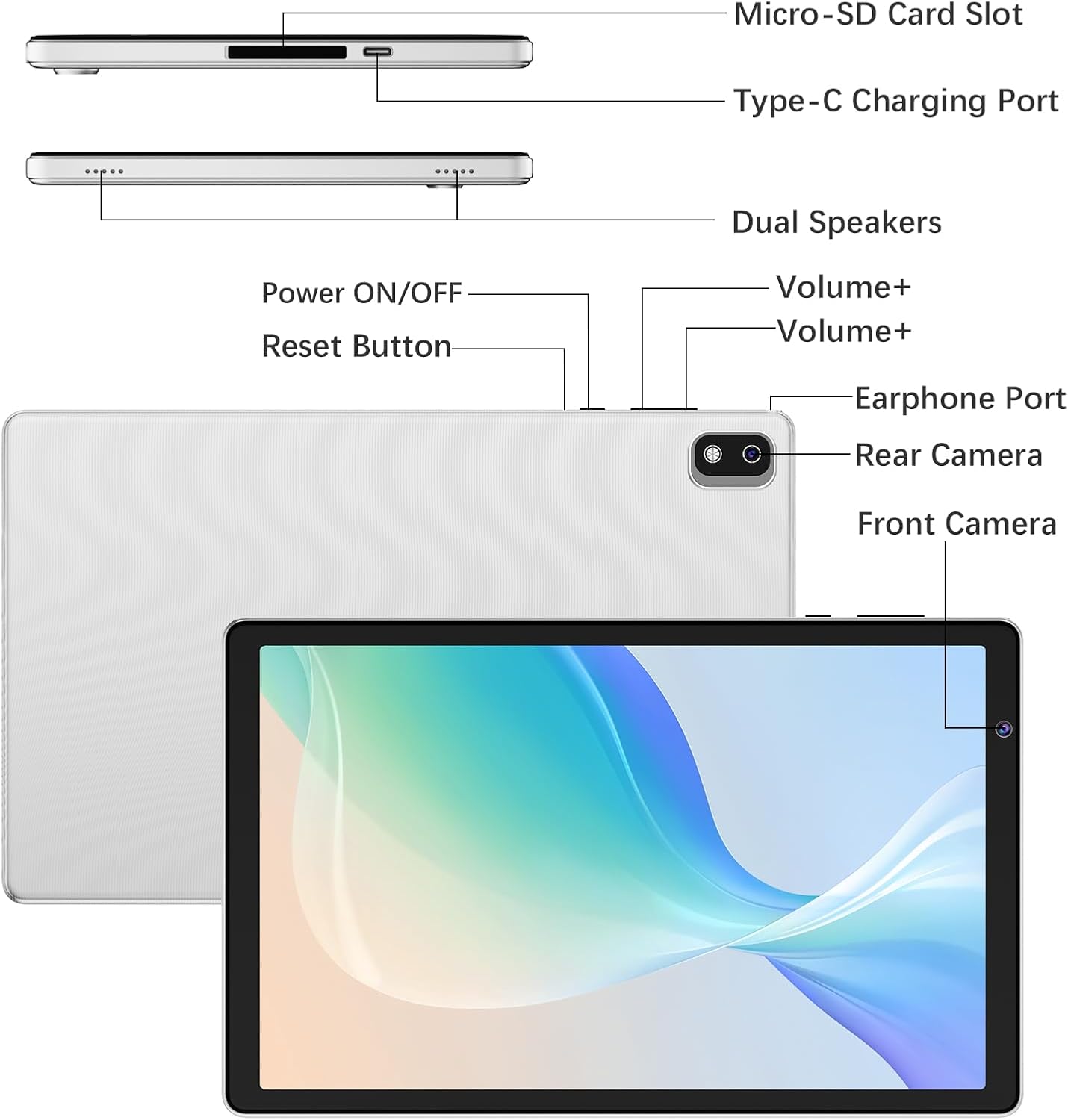 10.1 Inch Android 12 Tablet 32GB ROM 1TB Expandable Quad Core 6000mAh 1280x800 IPS Touch Screen 2+8MP Dual Camera Bluetooth WiFi Silver