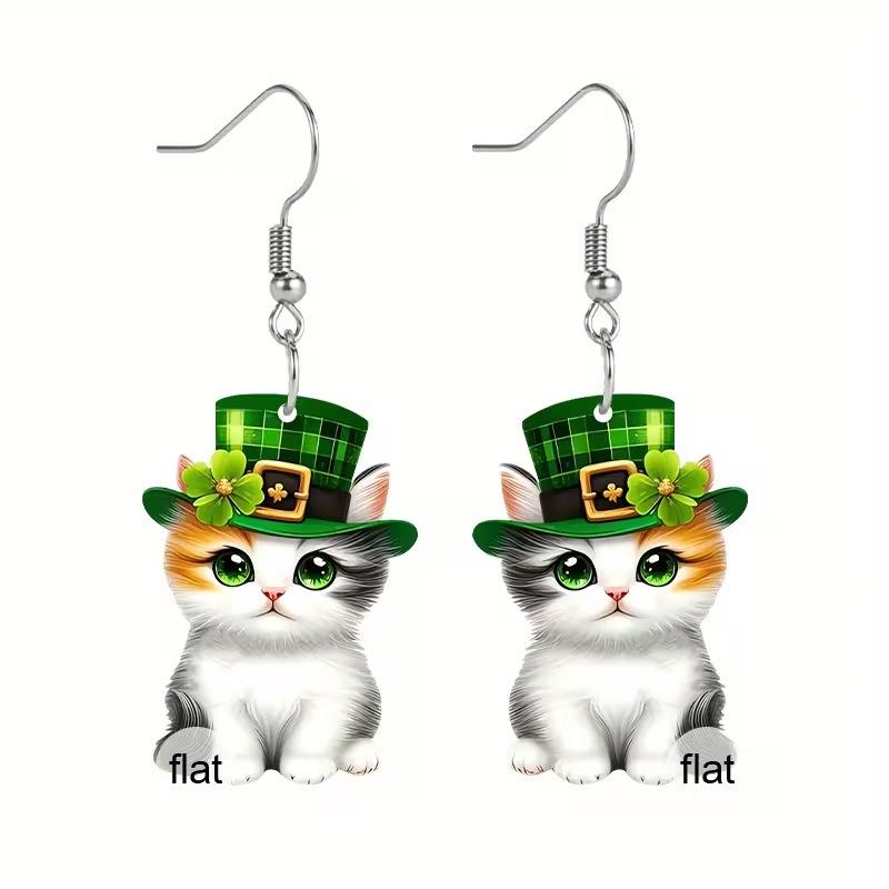 Irish St. Patrick's Day Cat Earrings 2D Flat Acrylic Creative Green Magic Hat Three Color Kitten Earrings Women's Festival Gift Irish St. Patrick's Day Cat Earrings 2D Flat Acrylic Creative Green Magic Hat Three Color Kitten Earrings Women's Festival Gift