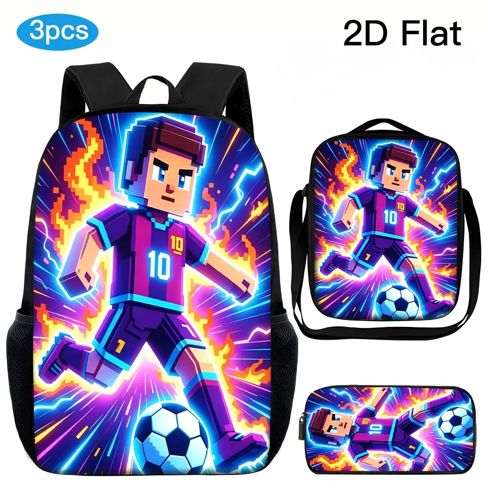 3pcs Unisex Large Capacity Backpack Set, Neon Pixel Style, Soccer Boy Pattern, 2D Print Design, Adjustable Shoulder Straps, Zipper Closure, Multifunctional Portable Fashion Backpack, Crossbody Bag, And Pencil Case, Back-To-School, School, Camping