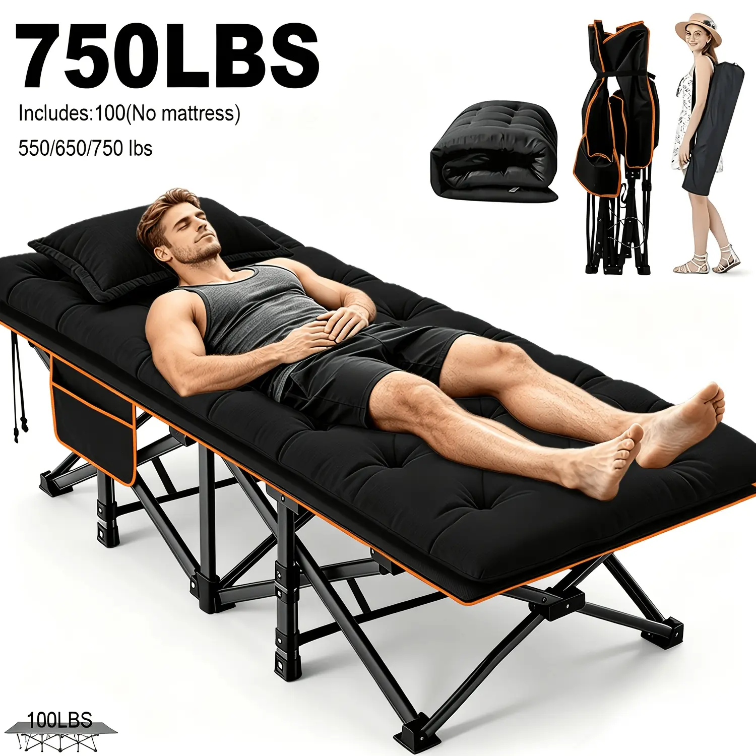 Portable Folding Bed with Detachable Mattress, 28-Inch Wide Heavy-Duty Metal Frame Folding Bed, Suitable for Camping, Beach Travel, Family Rooms, And Office Naps in Multiple Scenarios, Gray,sport,game,,adjustable,position,,larg,,large,c,removable,cushion,