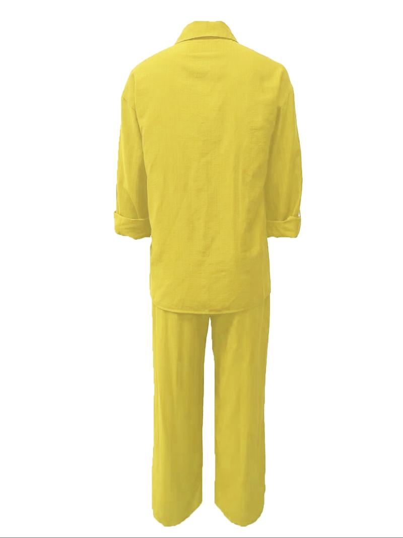 Women's Solid Color Shirt & Wide Leg Pants Set, Casual Fashion Cozy Breathable Two-piece Outfits for Daily Outdoor Wear, Women Clothes for Spring Fall, Basic