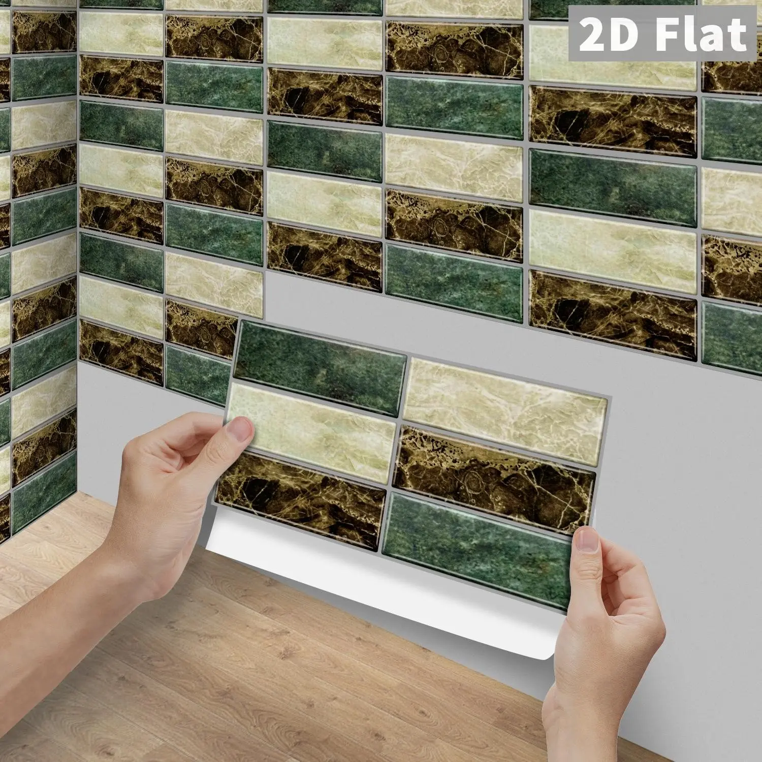 6/12/24/48PCS Vintage Peel and Stick Tiles, FG PVC Crystal 3-Tone Green Cream Brown Marble Long Subway Splashback, Waterproof Oilproof Self-Adhesive Wall Decals for Kitchen, Bathroom, Floor, Tile & Wood DIY Home Decor