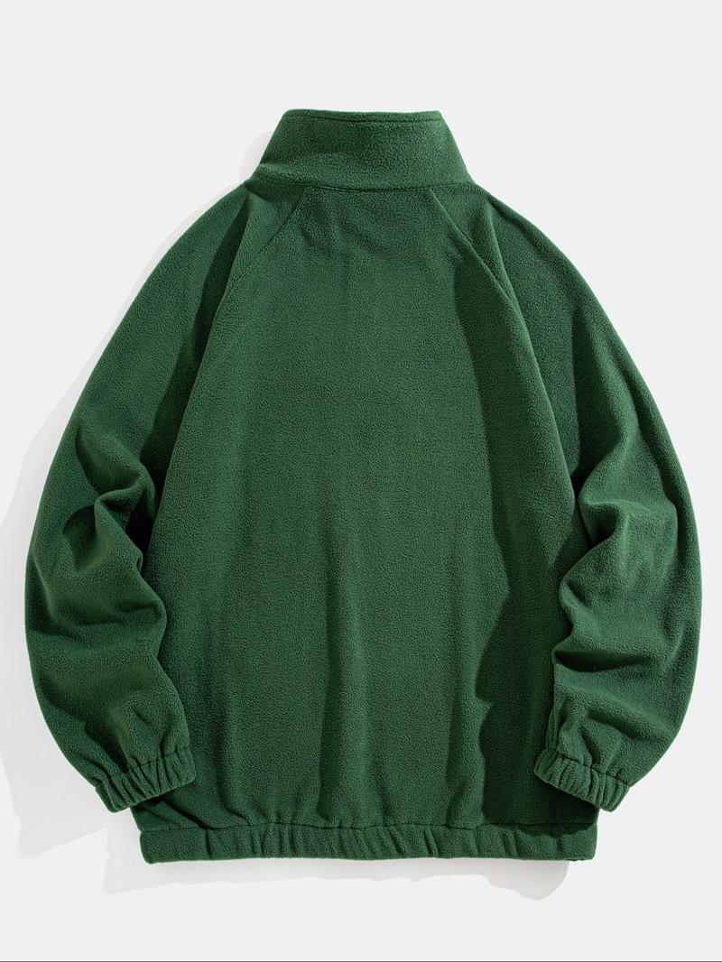 Men's Letter Embroidery Polar Fleece Quarter Zip Sweatshirt, Casual Regular Fit Raglan Sleeve Stand Collar Pullover for Fall & Winter, Fashion Men's Clothes for Daily Wear