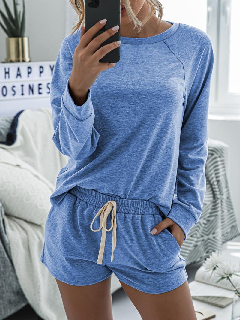 Women's Solid Raglan Sleeve Tee & Drawstring Waist Shorts Loungewear Two-piece Set Pajama Set, Casual Comfy Round Neck Top & Pocket Shorts PJ Set, Ladies Sleepwear for Spring & Fall