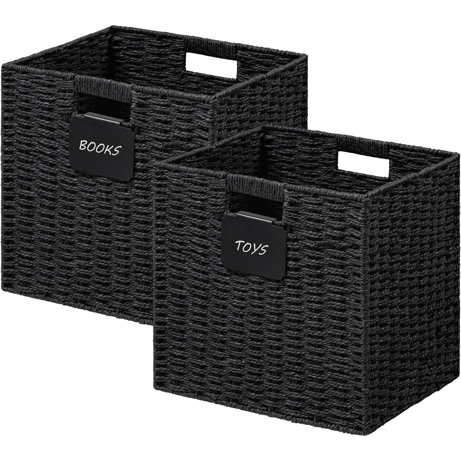 2 Pack Wicker Basket, 10.5×10.5 Storage Cubes with Label, Foldable Cube Storage Bin with Handle, Square Storage Basket for Shelves, Woven Paper Rope Basket for Organizing, Black