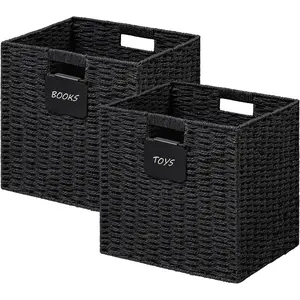 2 Pack Wicker Basket, 10.5×10.5 Storage Cubes with Label, Foldable Cube Storage Bin with Handle, Square Storage Basket for Shelves, Woven Paper Rope Basket for Organizing, Black