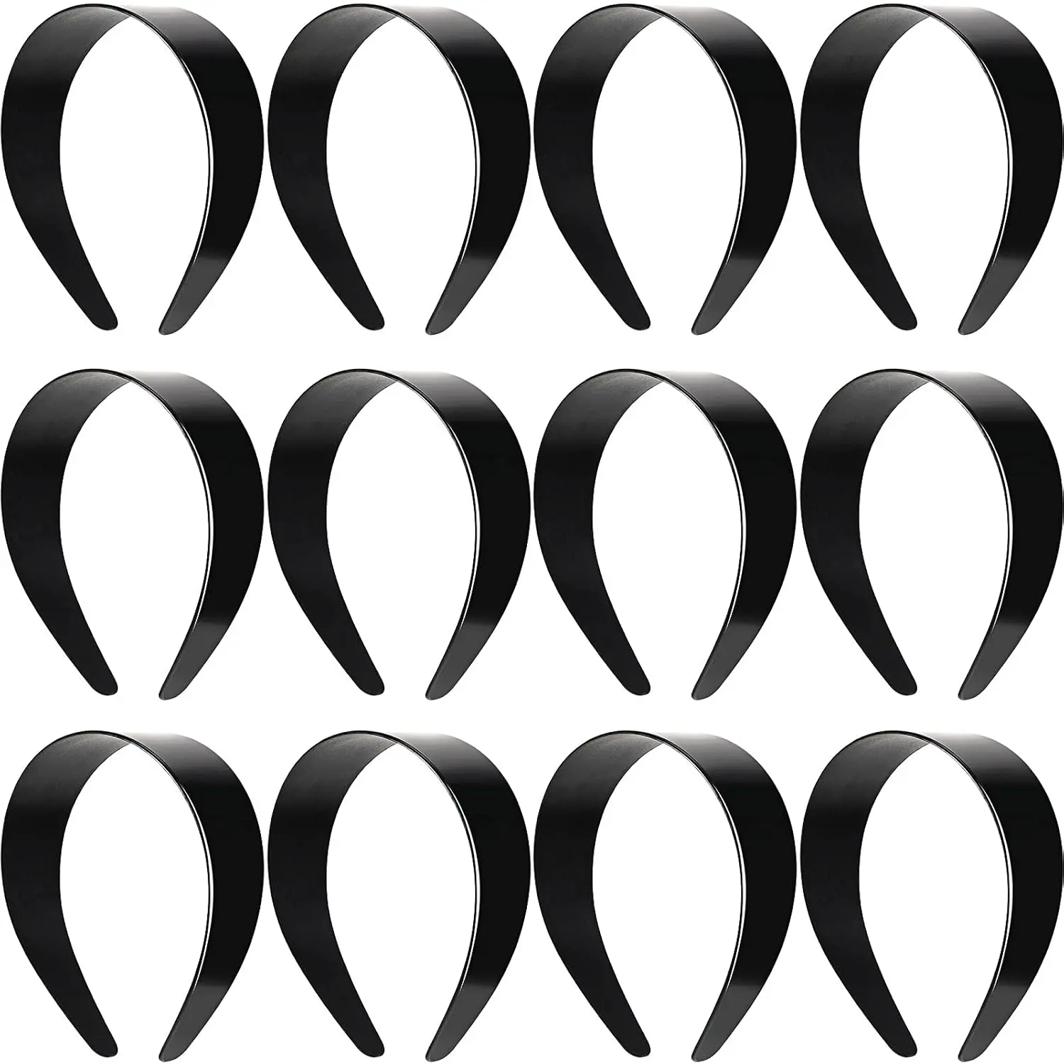 12-Piece Wide Hard Plastic Headbands for Women, Plain Black 1.5 Inch Blanks for DIY Hair Accessories, Craft Headband