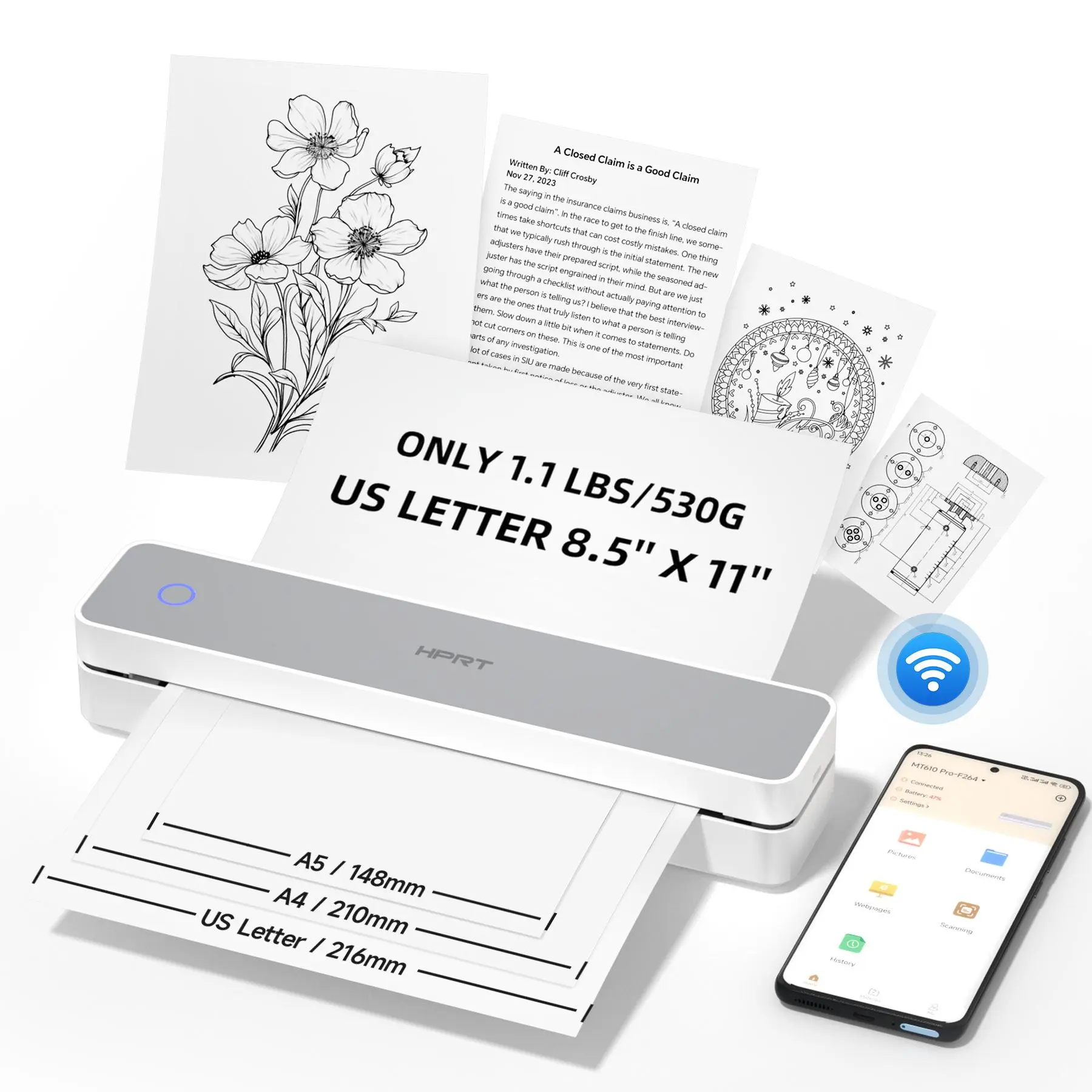 Portable Thermal Printers, Portable Mini Printer, Multipurpose Bluetooth-Compatible Printer, USB-Charging Mobile Home Printer, Wireless Inkless Printer for iOS, Android and Laptops