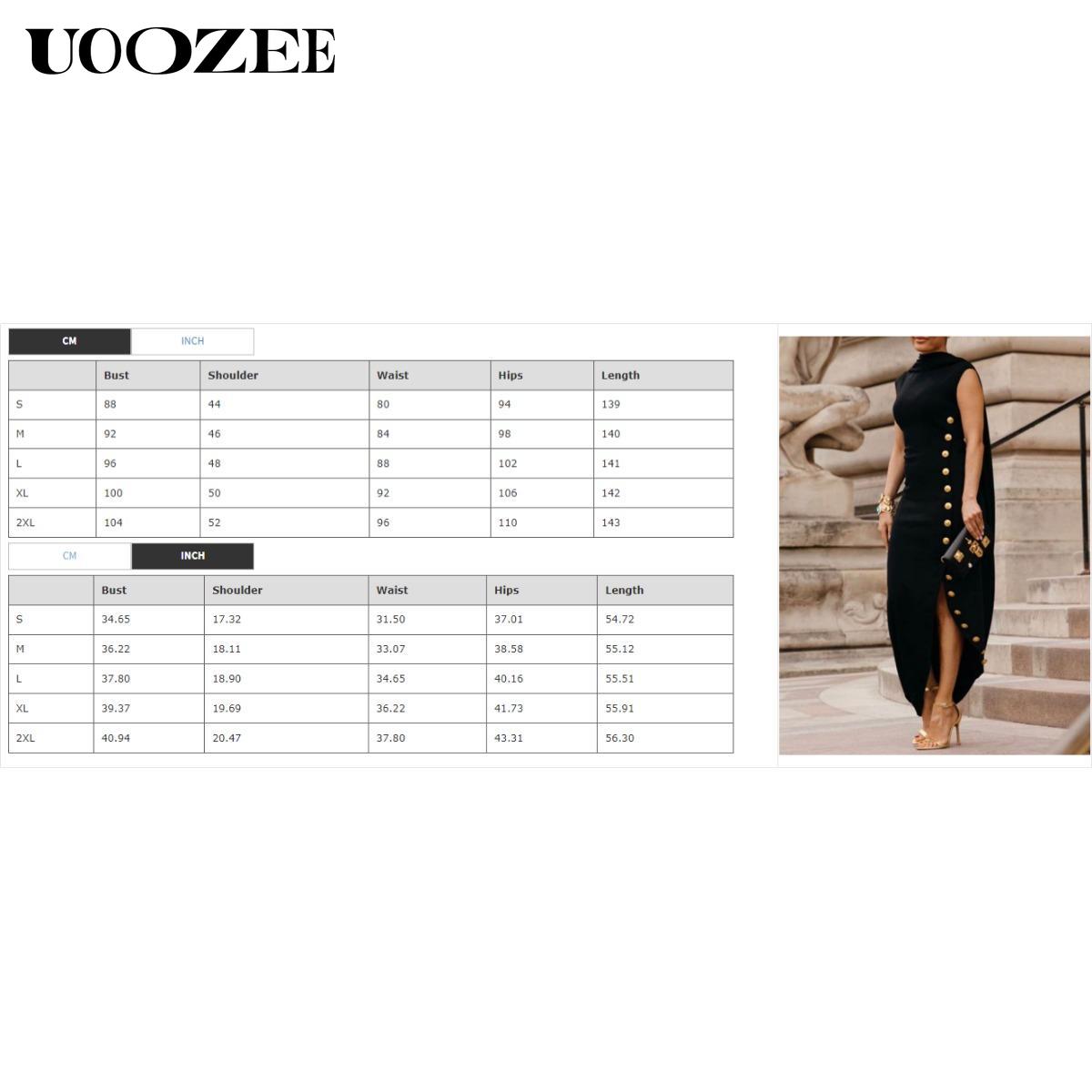 UOOZEE Women's Casual Maxi Dress - Loose, Sleeveless, Solid Black, Split-Side, Shawl Collar, High Neck, Cotton, Button-Accented, Summer Womenswear