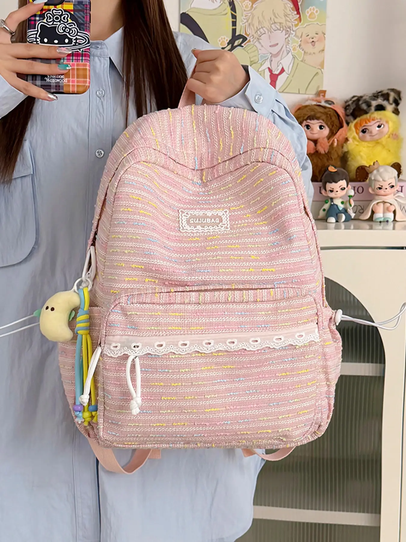 1pc Pink Toned Color Thread Woven Backpack Lace Trim Front Pocket Plush Doll Charm Multi Layer Side Pocket Wide Strap Large Daypack For Girls Middle High School