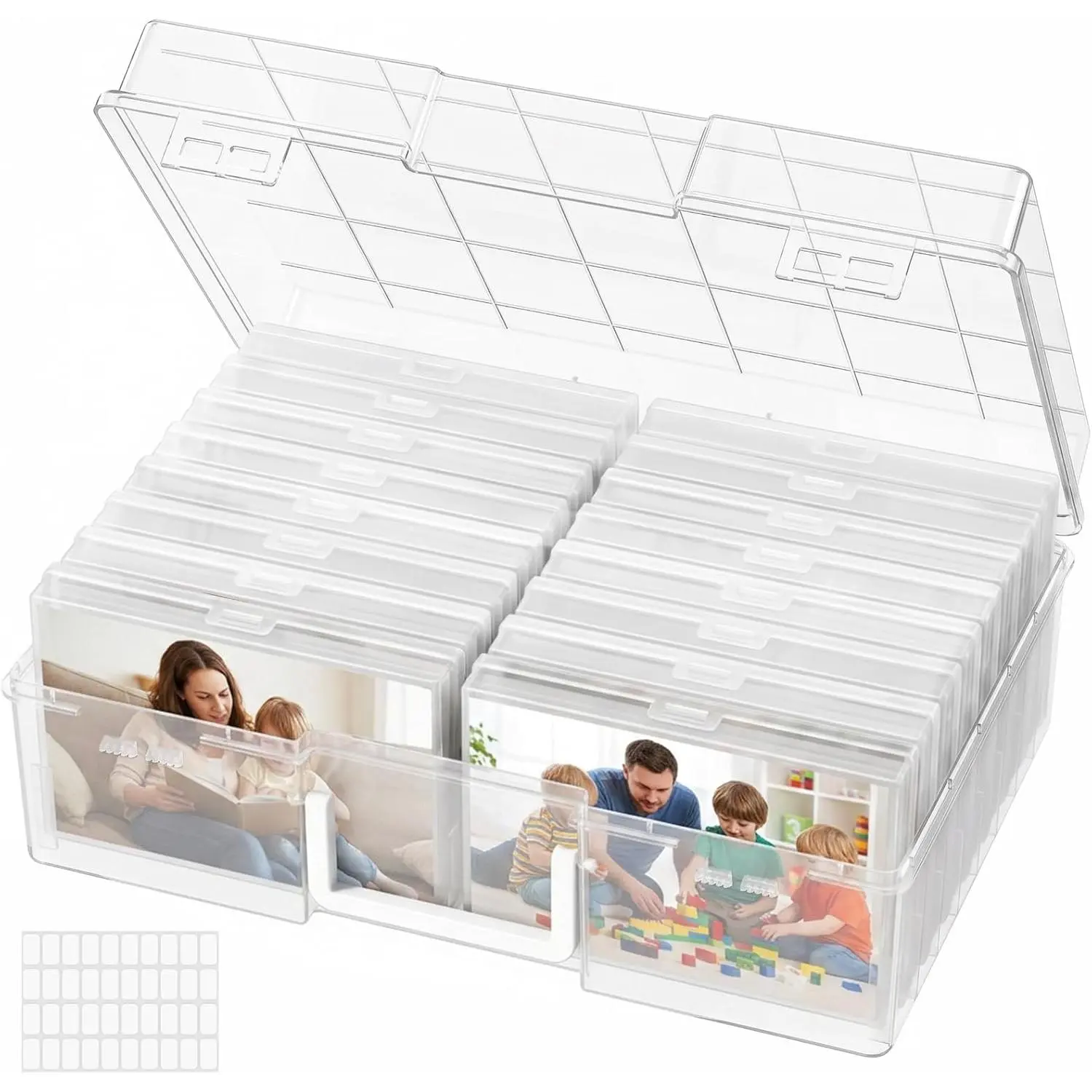 16 count Photo Storage Box for 4"x 6" Pictures, Acid-Free, Clear | 1 count Transport Outter Case with Handle& Labels, Container for Cards, Sticker, Seed, Scrapbooking, Craft, Classroom Supplies