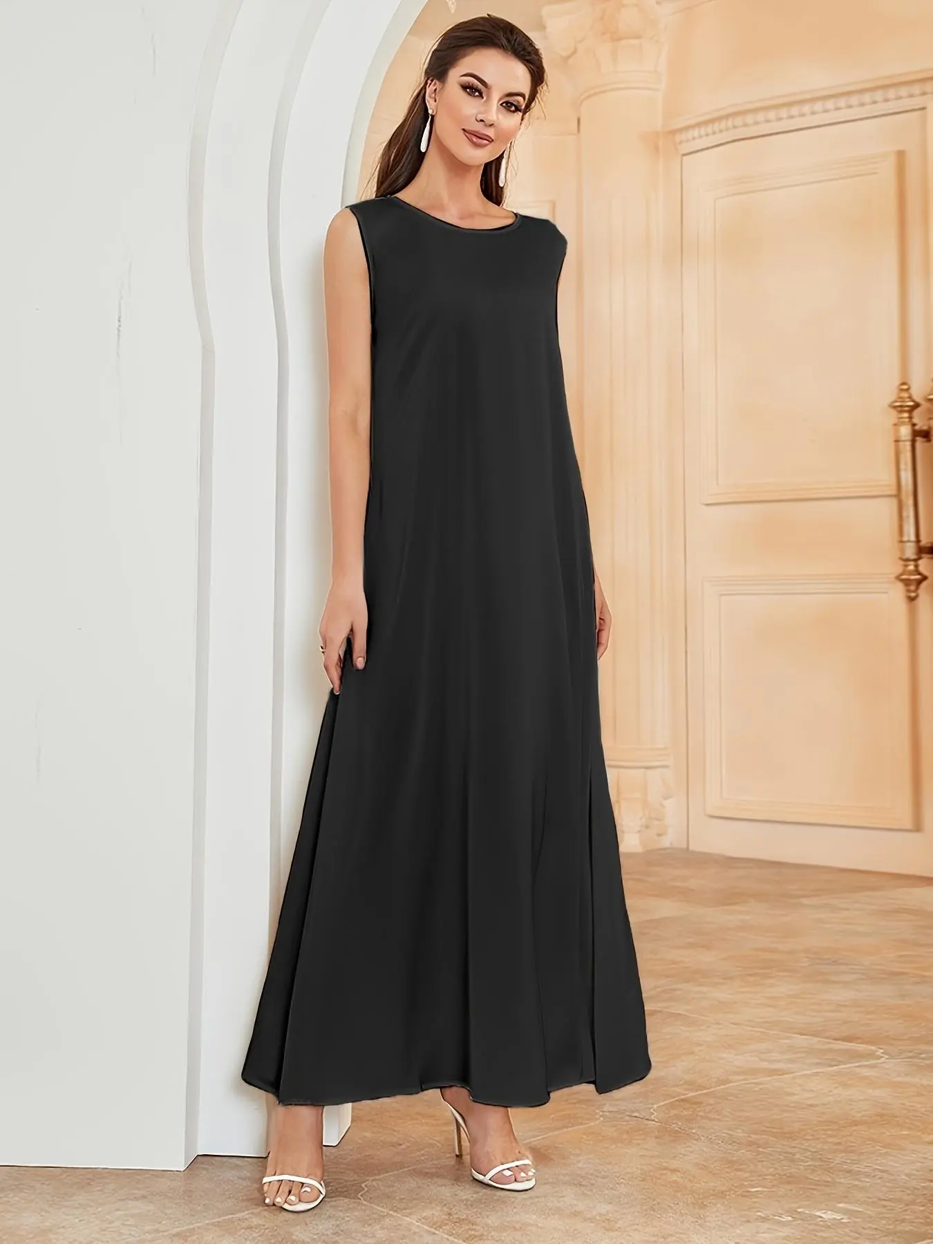 Women's Plain Round Neck Tank Dress, Elegant Sleeveless Long Dress for Party Wedding Guest, Ladies Clothes for All Seasons