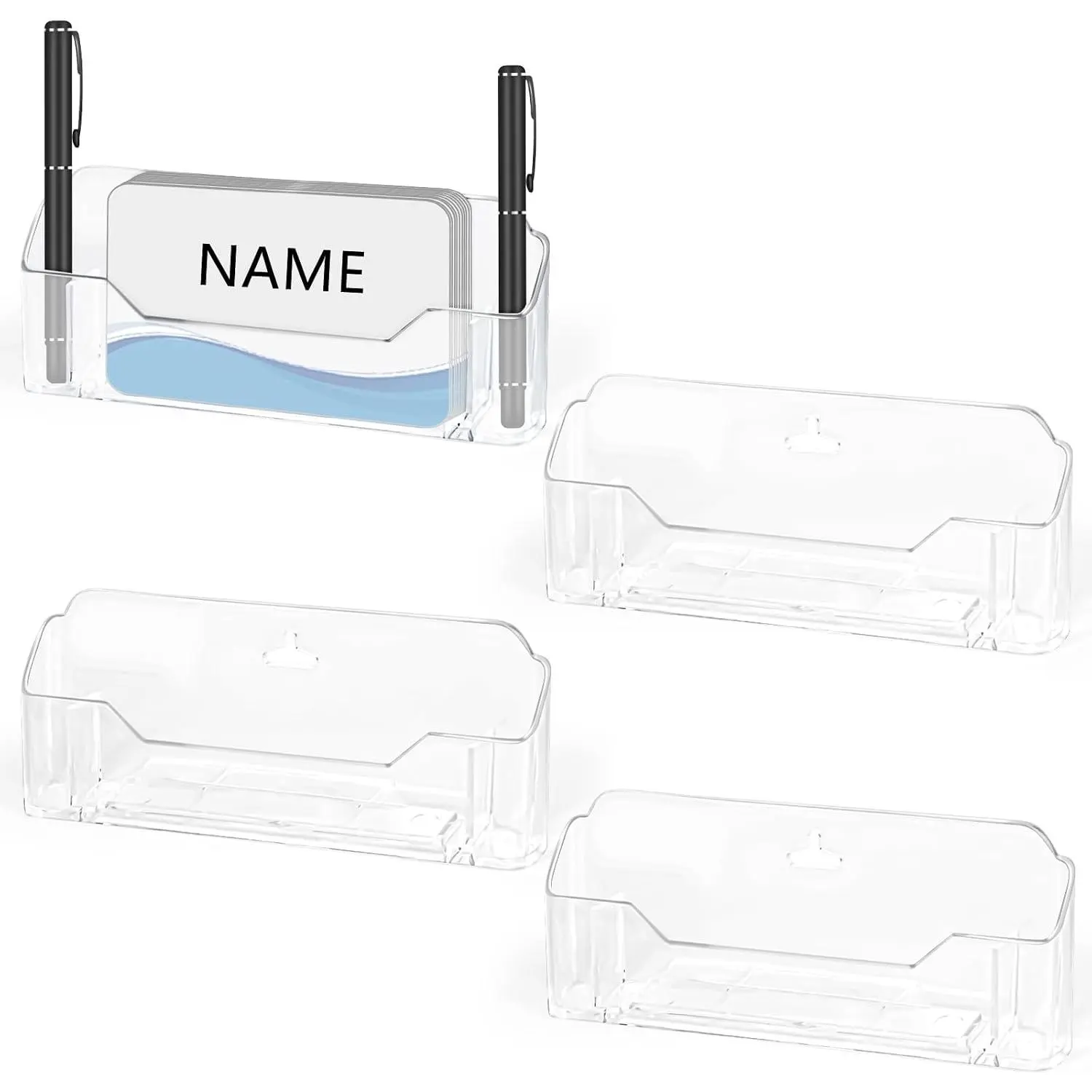 4 Pack Clear  Business Card Holder With Pen Holder | [PLASTIC SUPPORT  need to be assembled at the bottom] [Stand Display Stand Holder] [Fits Standard Size Business Cards]