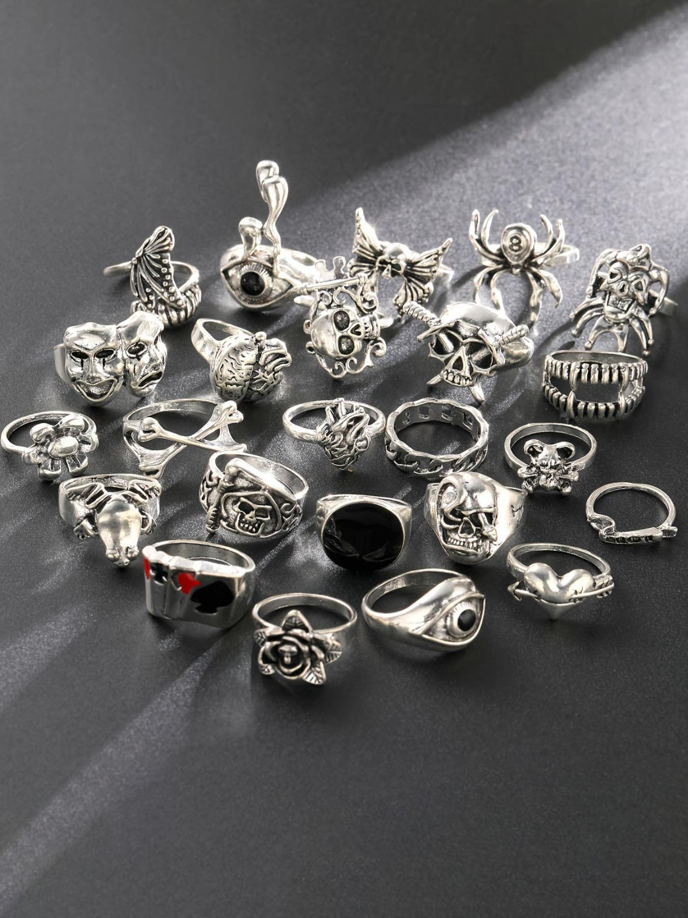 Punk Gothic Style Halloween Themed Ring Set, 24pcs/set Fashionable Skull & Spider Design Rings for Women & Men, Dark Aesthetic Rings, Trendy All-match & Exquisite Jewelry for Birthday Gift