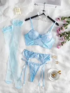 Christmas Women's Sexy Underwear Set with Steel Ring Thong Garter Belt Stockings, Lace Floral Embroidery, Perfect Gift