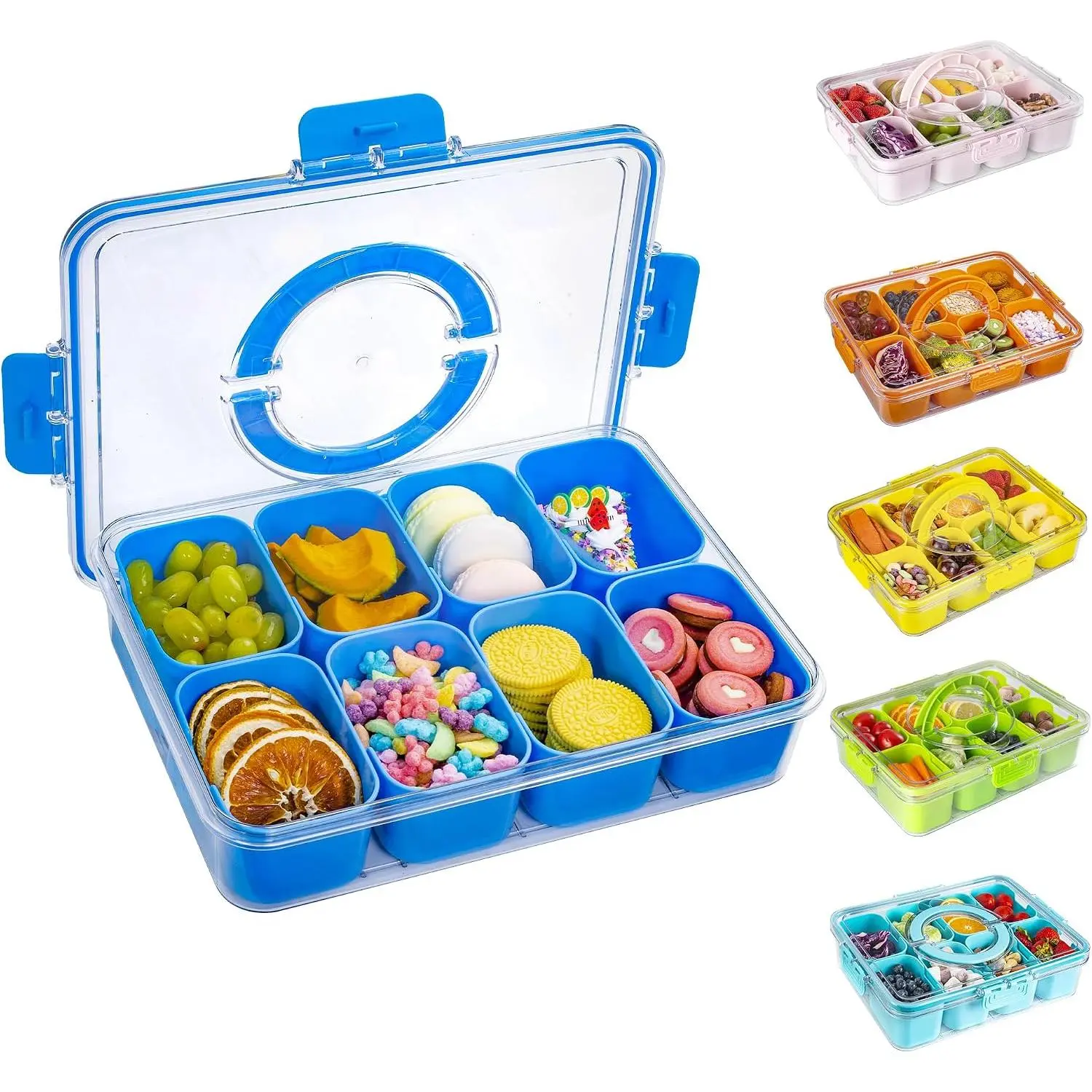 Cerulean 8-Compartment Detachable Snack Serving Tray with Lid, Handle – Portable Charcuterie Container for Party, Picnic (1 Pack)