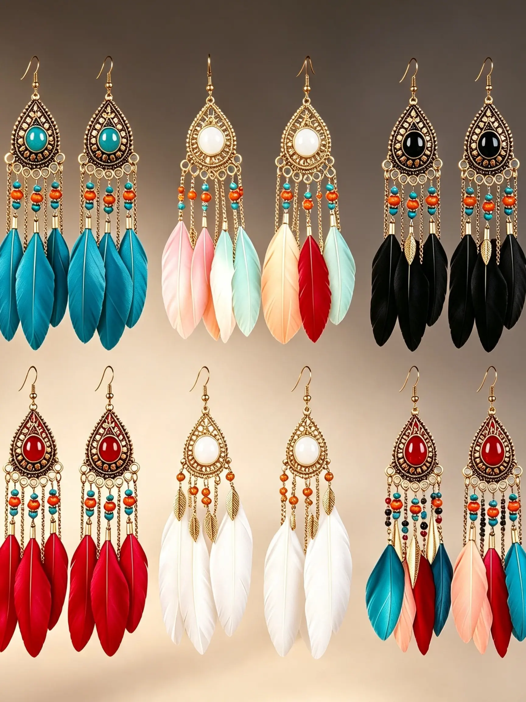 6 Pcs Boho Feather Fringe Earrings Set, Antique Beaded Long Hook Ear Jewelry, Women's Festival Accessories