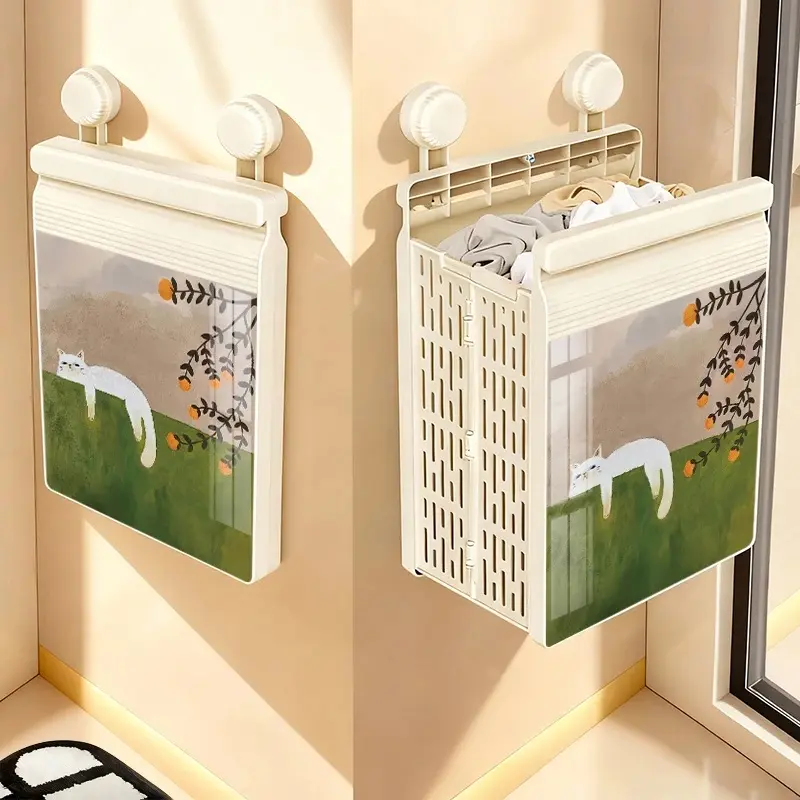 Large-Capacity Bathroom Hanging Dirty Clothes Basket, Suction Cup Style, No Drilling Needed Home Organizer Storage Basket