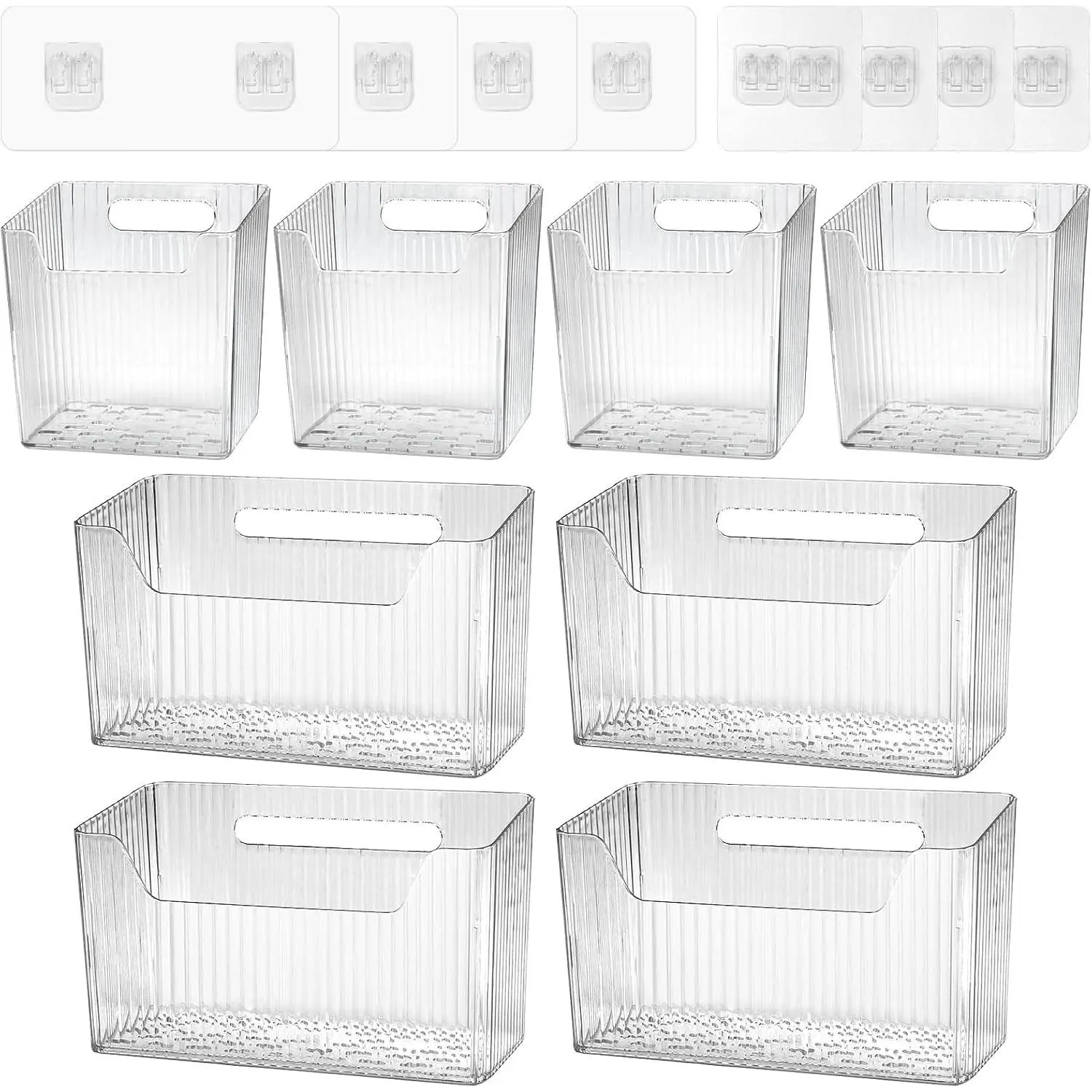 8 Pcs Storage Organizer Bins - Wall Mounted Basket in 2 Sizes, Clear Cabinet Door Stackable Adhesive Hanging Bin for Bathroom, Kitchen, Pantry