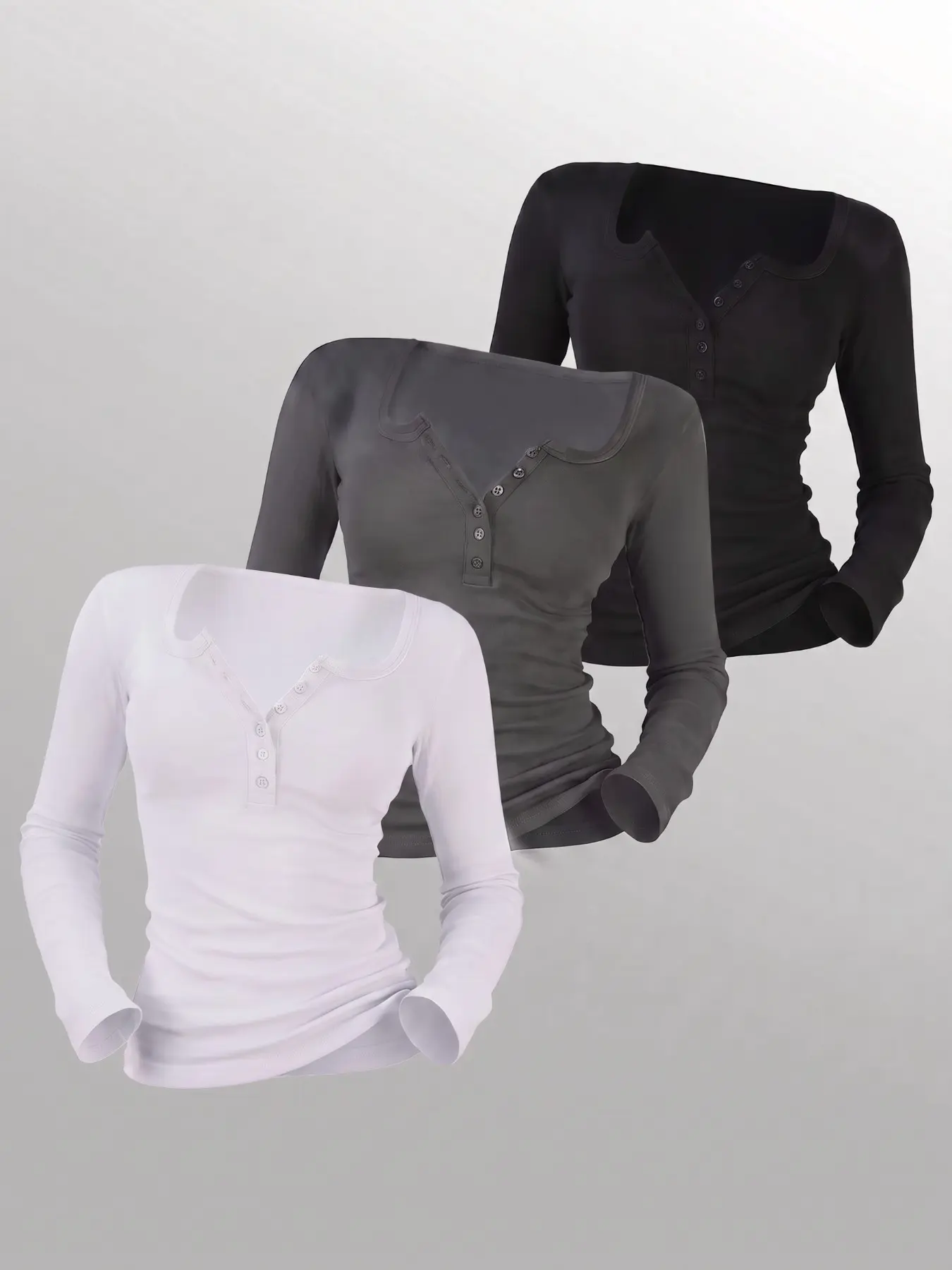 3 Pack Solid Henley Button Scoop Neck Long Sleeve Slim Fit Basic Tees For Women, Soft Stretch Casual Layering Undershirts, Daily Autumn Shirts Matching Jeans
