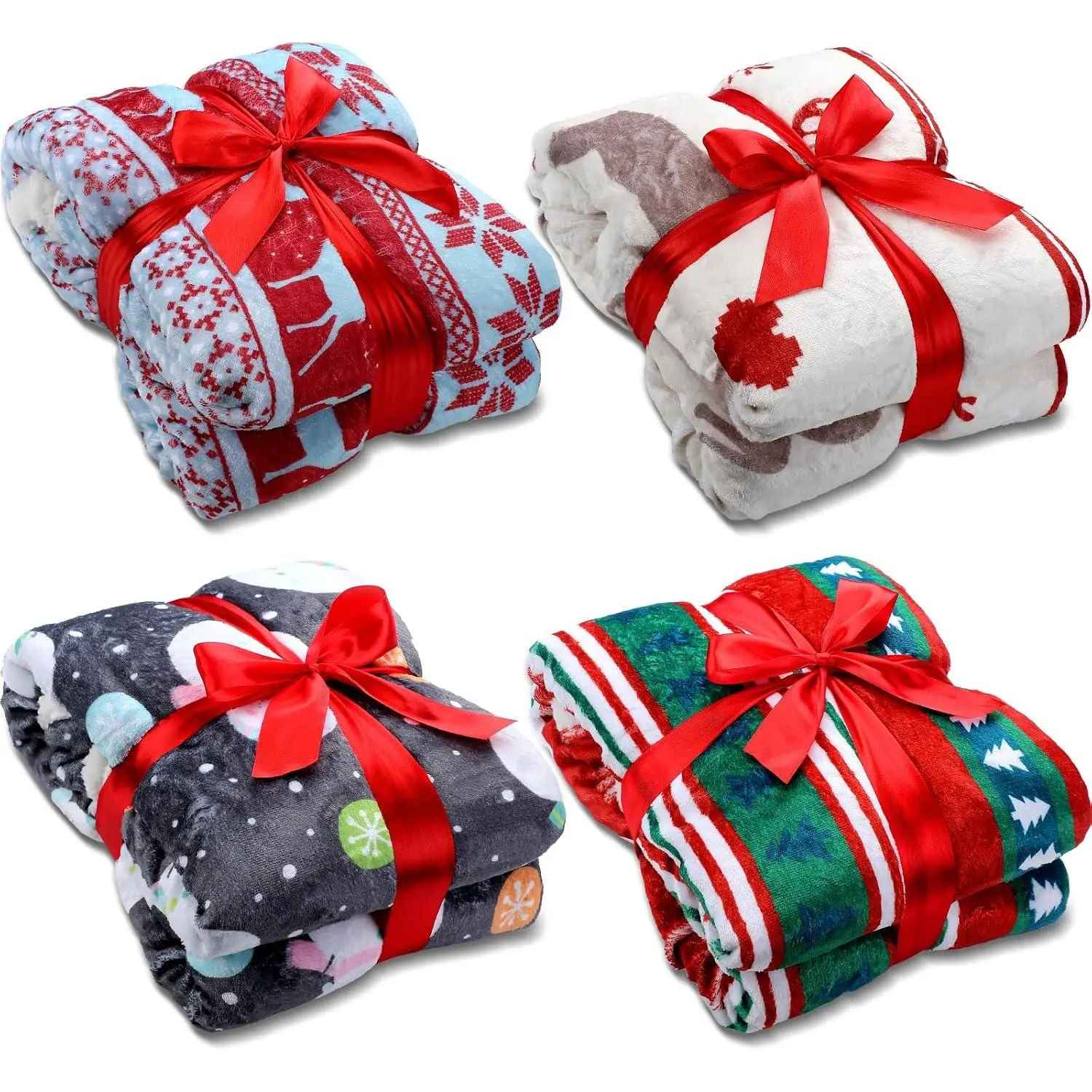 4 count Christmas Fleece Throw Blanket Bulk 50'' x 60'' Plush 380 GMS Soft Thick Cozy Throw Blanket Fuzzy Microfiber Holiday Printed Blanket for Couch Sofa Bed Xmas Decor Gifts