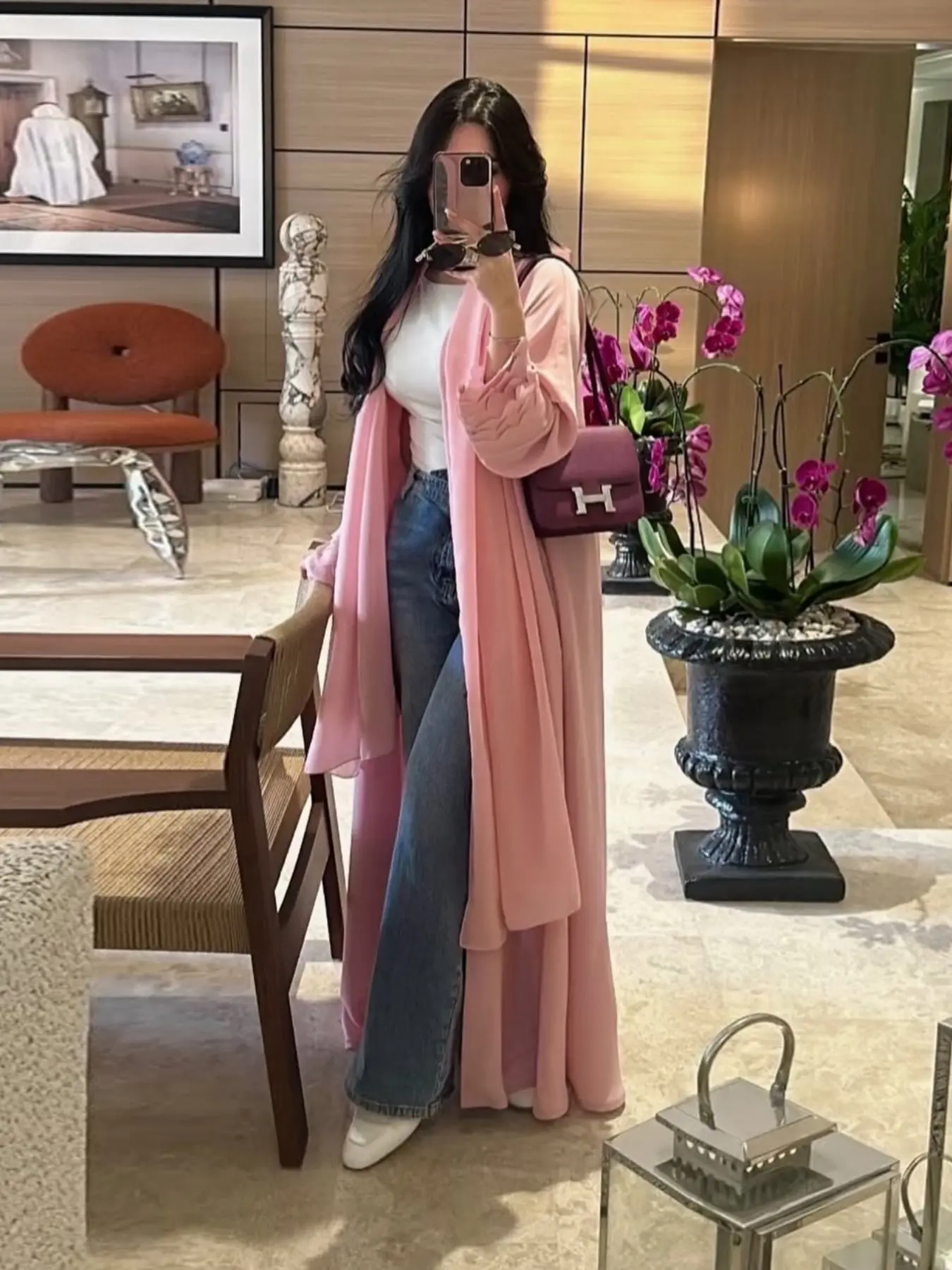 New Petal Sleeve Open Front Chiffon Long Coat, Wide Sleeves, Floral Decoration, Includes Headscarf, Stylish Outerwear