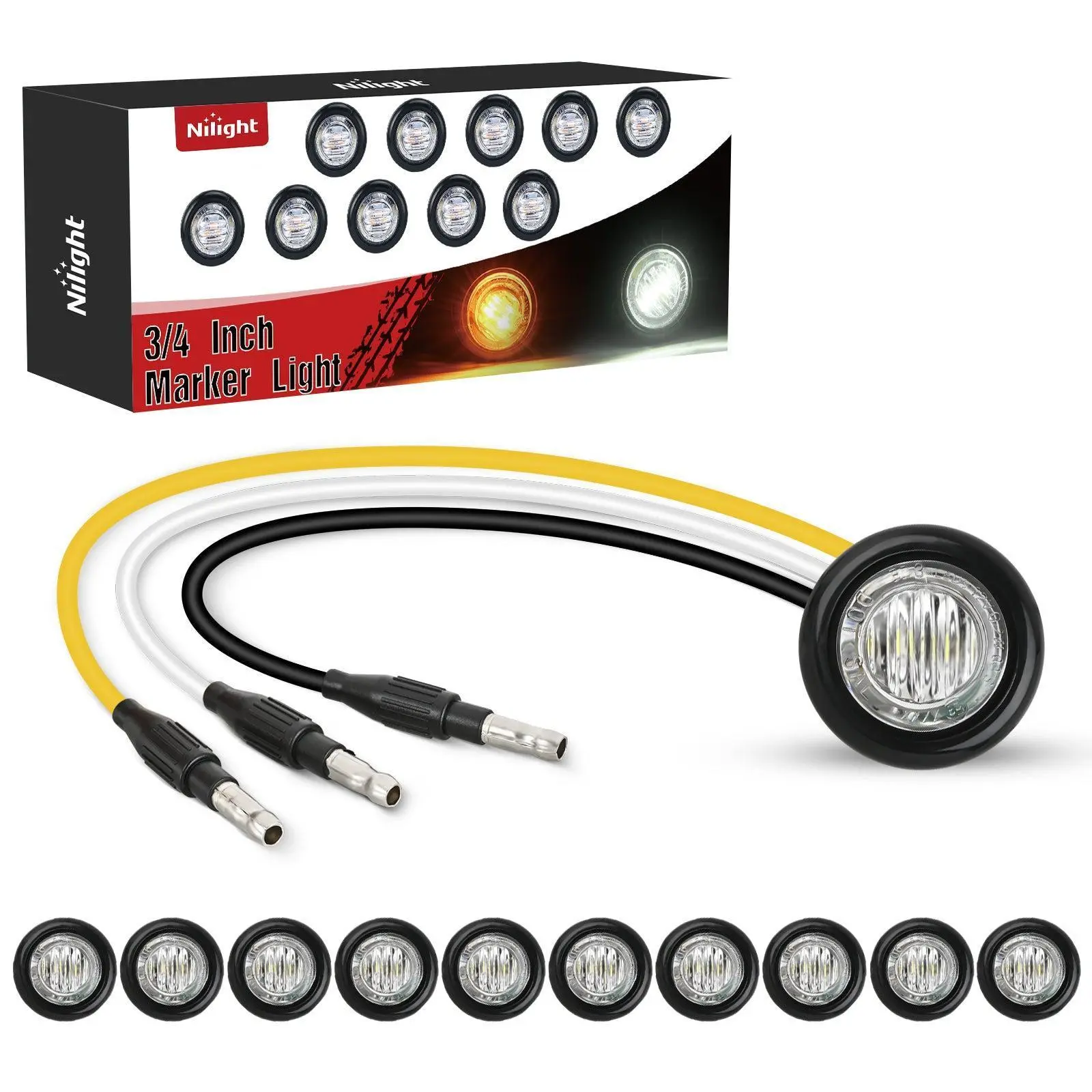Nilight 3/4-Inch Bullet Marker Lights (10PCS) - Amber-to-White Dual-Color Turn Signals, IP68 Plug-In Auxiliary Clearance Lights for Trailers, Golf Carts, Caravans, Pickups, Trailer Lights