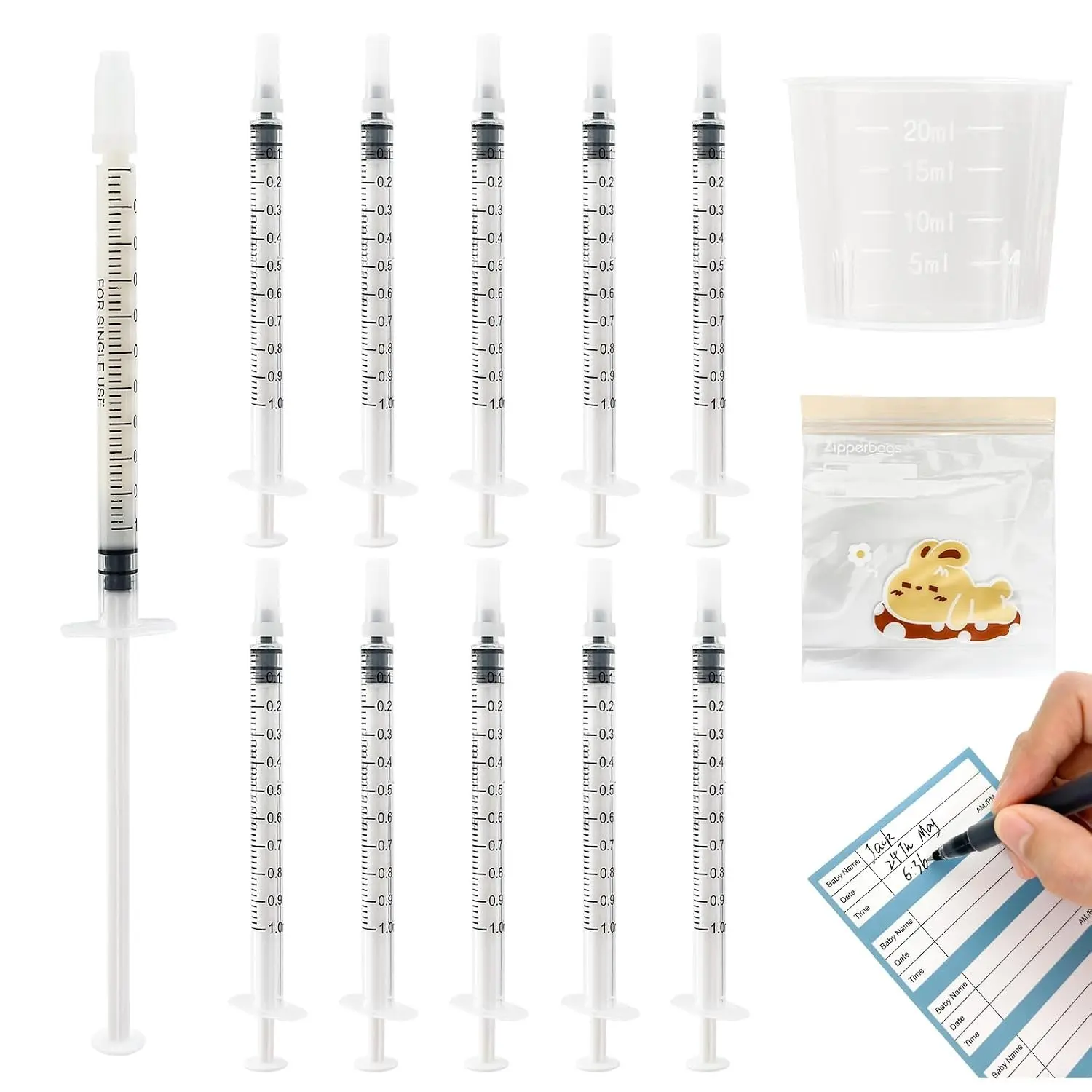 50Pcs 1mL Sterile Colostrum Syringes with Caps – Complete Collector Kit with Measuring Cup, 5 Storage Bags & 50 Labels(Gift)