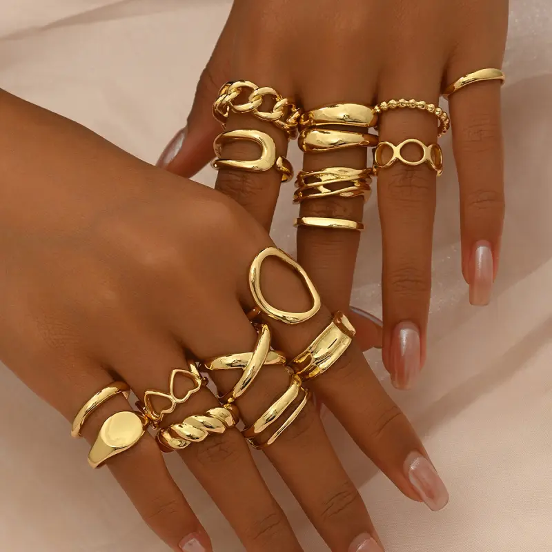 Women's 16Pcs Lightweight Gold Zinc Alloy Adjustable Open Knuckle Rings Set, Minimalist Twist Chain Jewelry Gift for Females