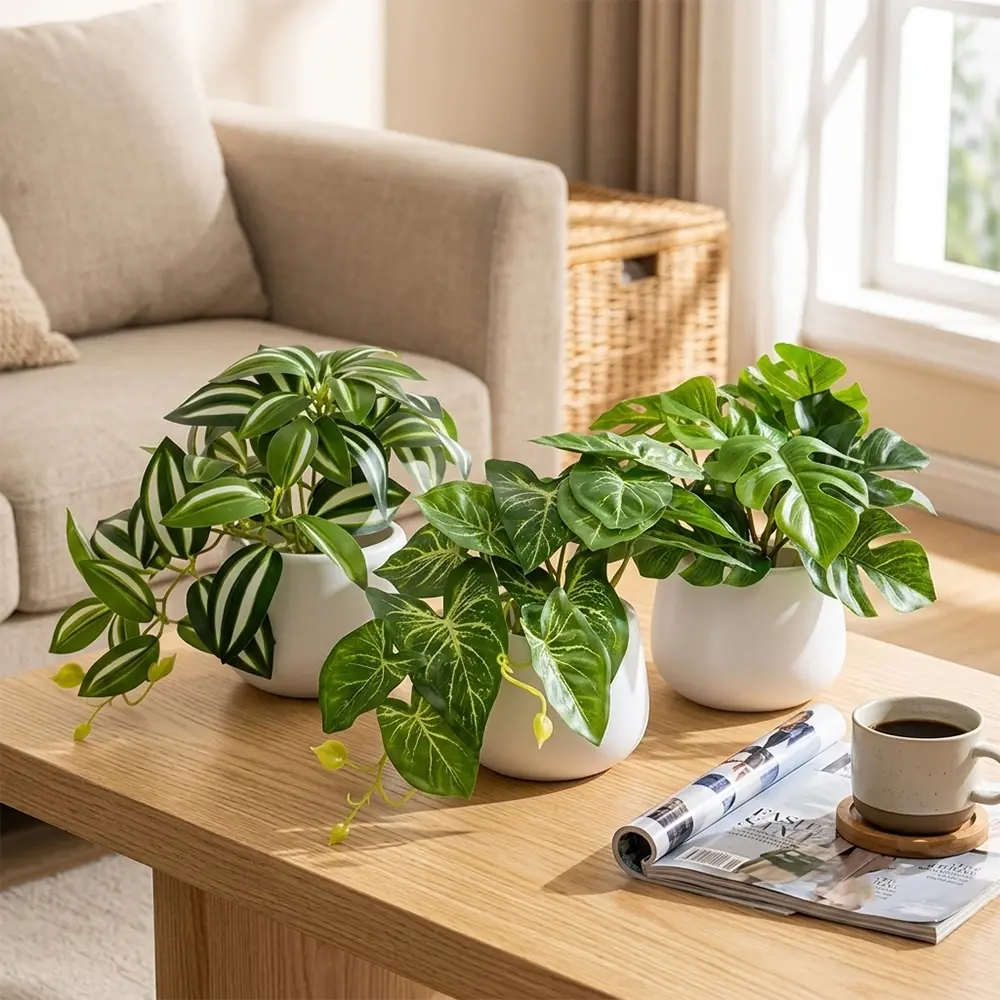 3pcs Instagram-style artificial green plants in simple white pots. Perfect for any indoor setting, these tabletop artificial plant decorations effortlessly create a soft, soothing, and natural atmosphere.