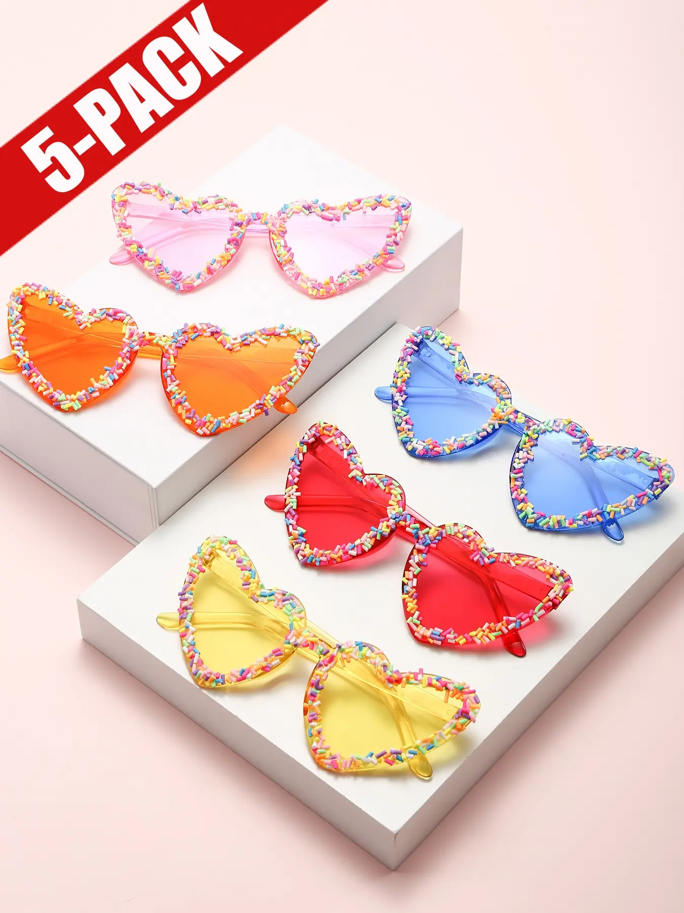 Unisex 5 Piece Novelty Glasses Set, Valentines Day Heart Frame with Candy Decor, Non-Prescription Retro 90s Style for Festival Celebrations, Group Costume Accessories