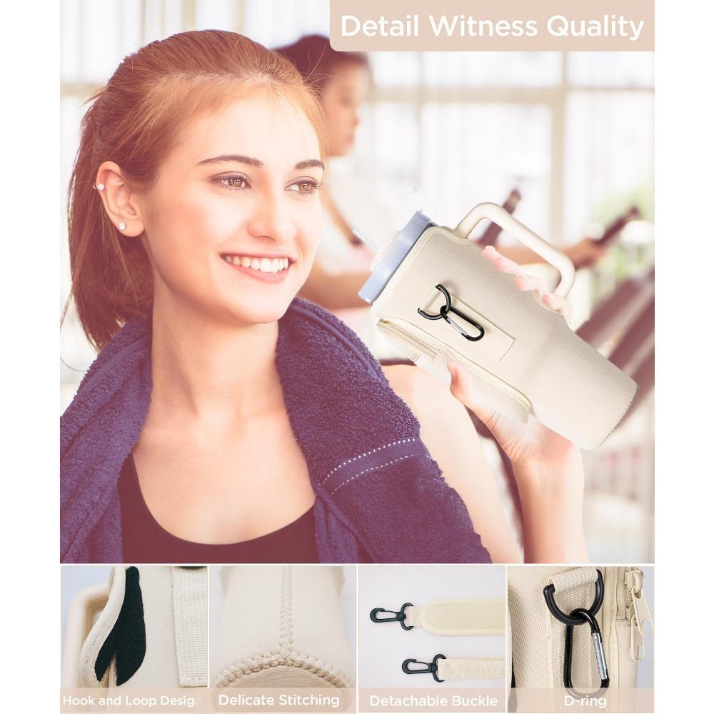 Water Bottle Carrier Bag with Phone Pocket for Stanley 40/30 oz Tumbler, Neoprene Water Bottle Holder Pouch with Adjustable Strap, Straw Cover & Carabiner, Ideal New Year & Valentine's Day Gift