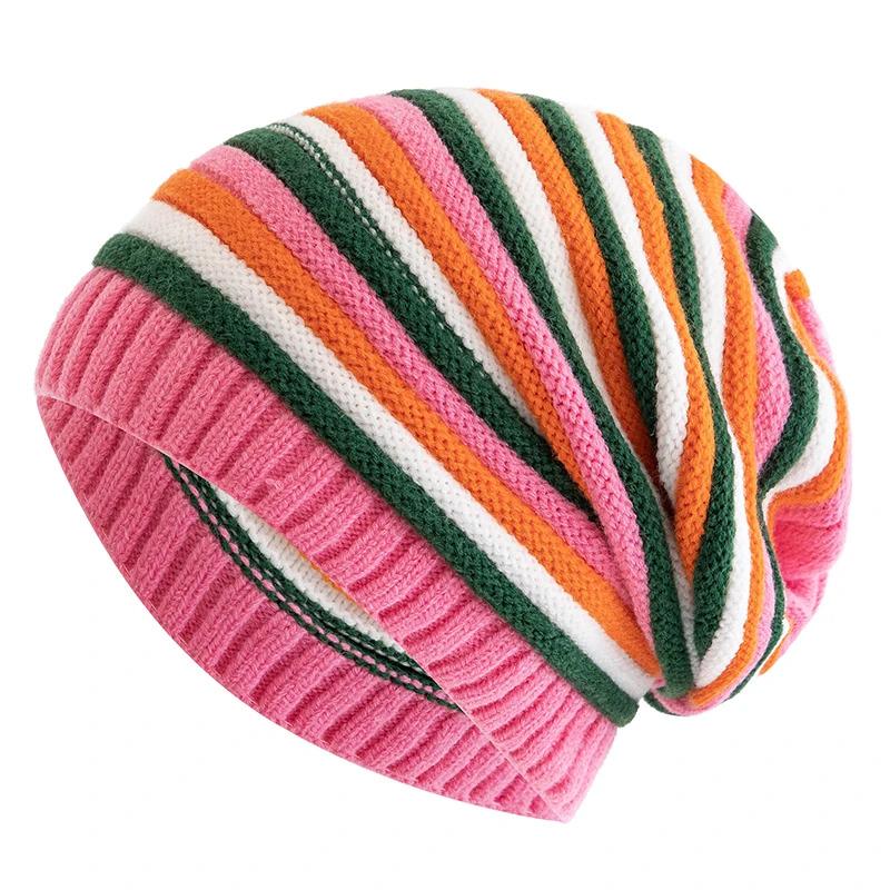 New Women Slouchy Winter Hats Keep Warm Beanie Hat Striped Design Casual Knitted Cap