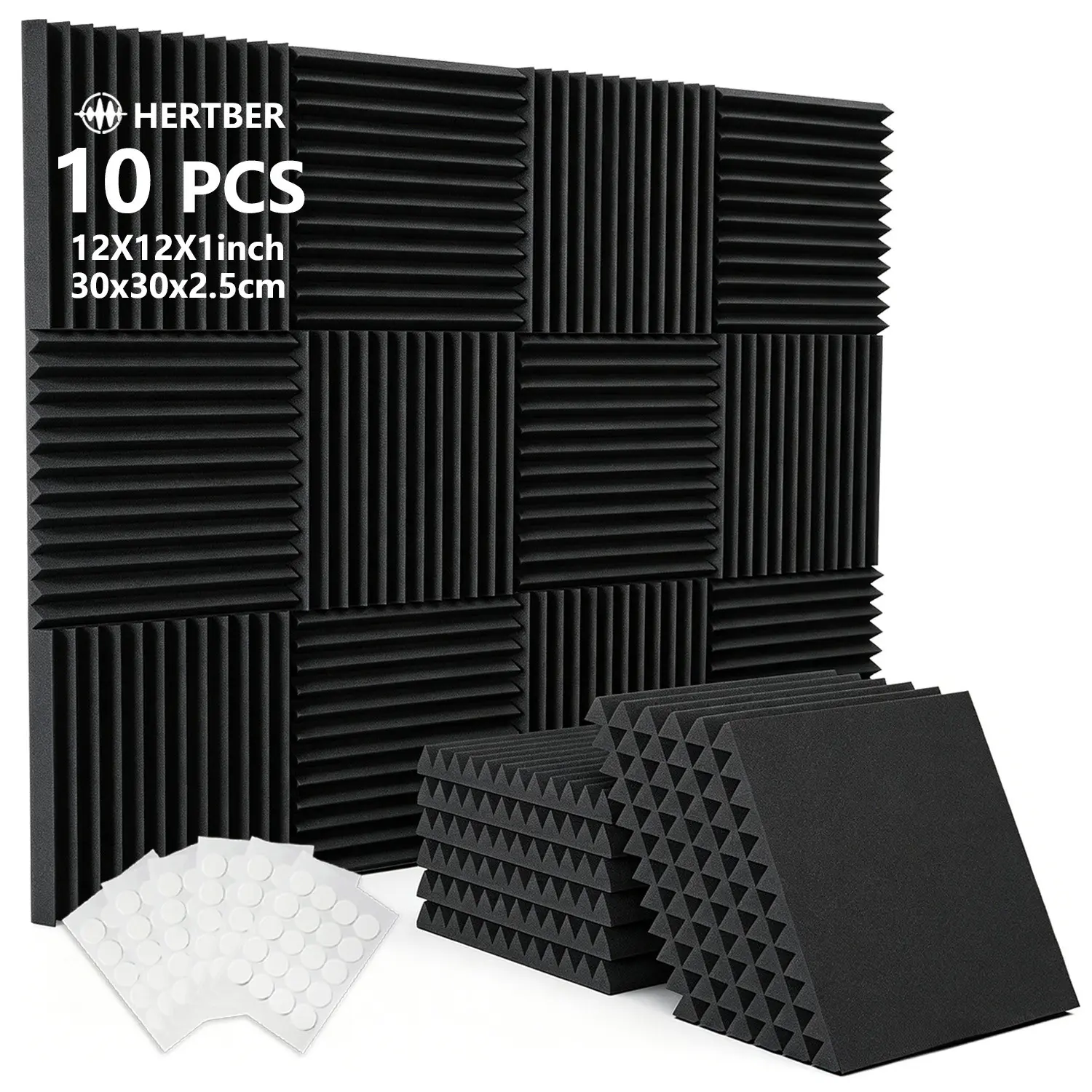 10 Pcs Sound Absorbing Foam Panels, 30×30×2.5cm High Density Noise Reduction Wall Foam with Adhesive Dots, Reduce Echo & Ambient Noise for Walls & Ceilings, Great for Streaming Room, Gaming Room, Vocal Room, Office, Bedroom, Small Space Acoustic Upgrade