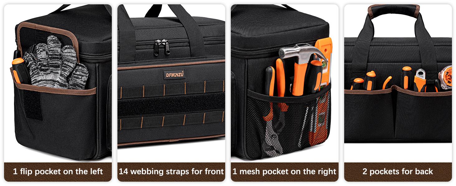 17 Inch for Men, 20 Pockets Tool Bag with Shoulder Strap, Wide Mouth Tool Bag Organizer for Electricians Mechanics Carpenters HVAC