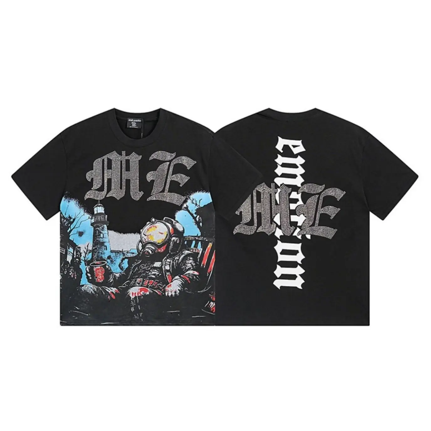 MIXED EMOTION Y2K Hip Hop Mens Diamond Angel Graphic Cotton Tee Vintage Washed Oversized Streetwear Loose Fit Short Sleeve Summer Urban Style Trendy Shirt