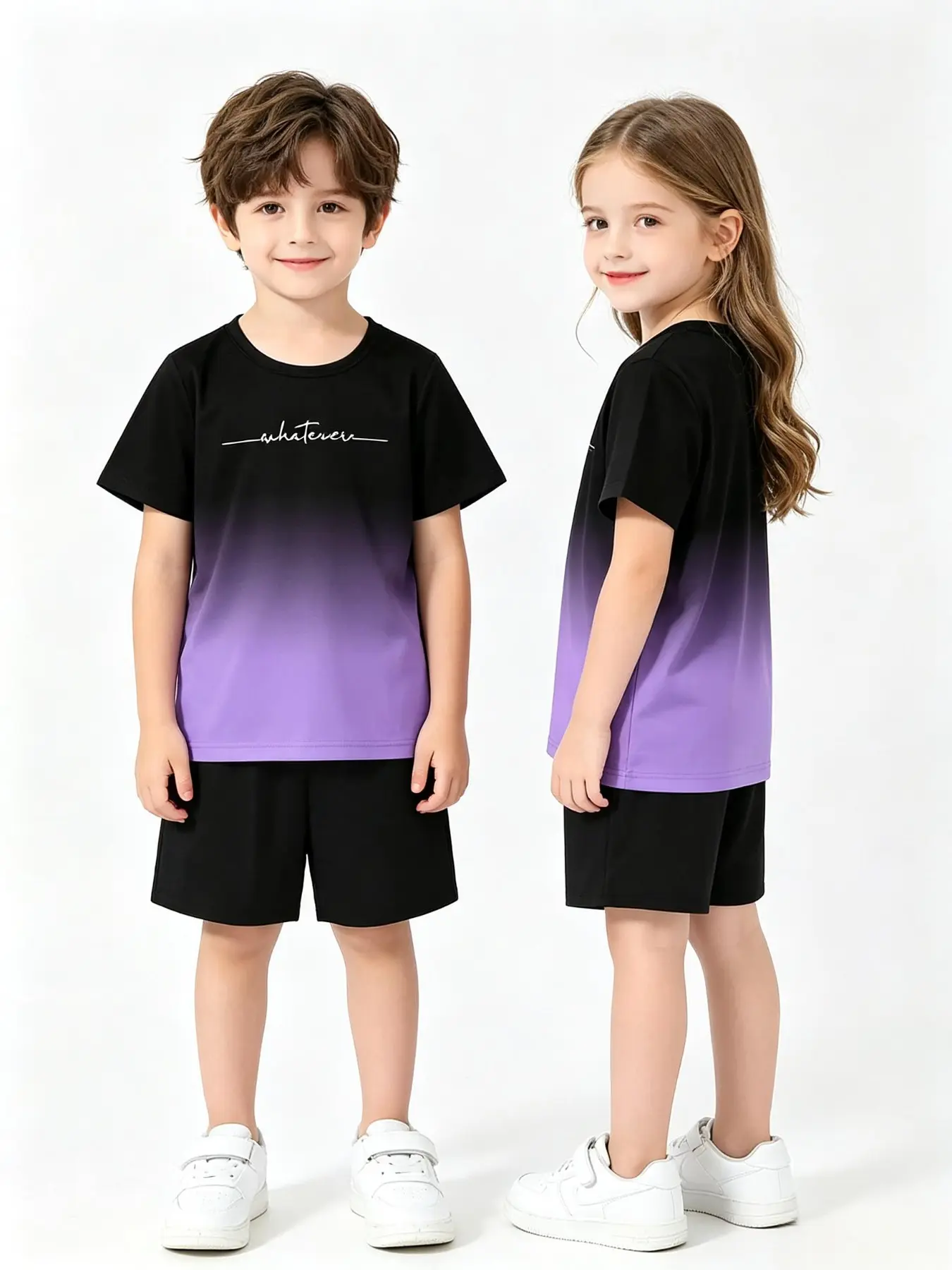 Kids Black Purple Gradient Handwritten Letter Short Sleeve Set, Boys Girls Simple Casual T-shirt And Shorts 2 Piece Outfit, Trendy Summer Kids Clothing 2026 New Arrival, Print Set