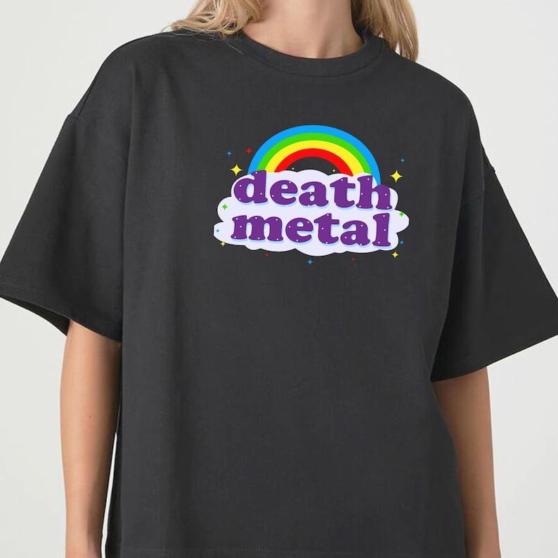 Death Metal Rainbow Graphic Tee, Funny Ironic Death Metal Meme Design, Novelty Concert Shirt, Humorous Heavy Metal Style Tee, Unisex, Comfortable, All‑Season Wear