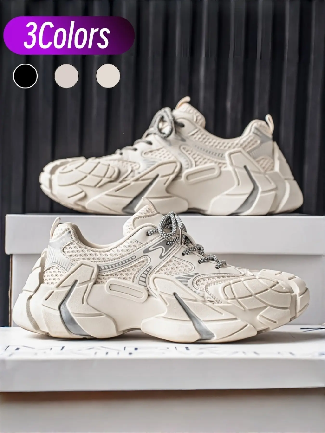 Unisex Black & Silver Mecha Hollow Out Platform Dad Shoes, Chunky Sneakers, Flyknit & Microfiber Spliced Upper, Reflective Silver Stripe Decoration, 3D Split Mecha Thick Sole, American Functional & Outdoor Work Sneakers