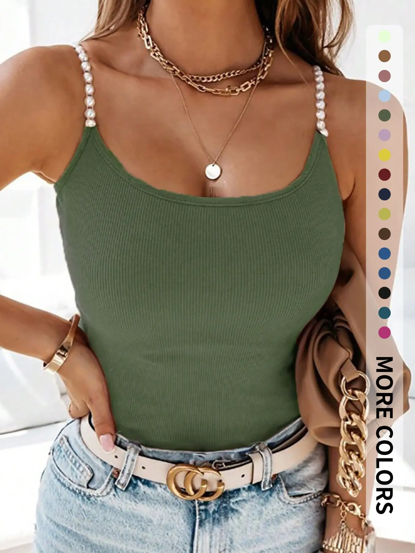 Summer Fashion Beaded Strap Cami, Solid Color Comfortable Casual Sleeveless Top, Slim-Fitting Elastic Basic for Daily Wear and Vacation