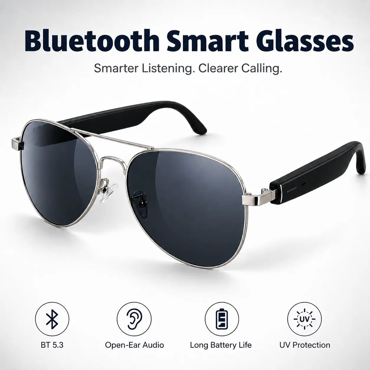 Smart Glasses for Men Women, Aviator Audio Sunglasses with Open-Ear Sound, Voice Assistant, Touch Control, Music and Calls for Driving Cycling
