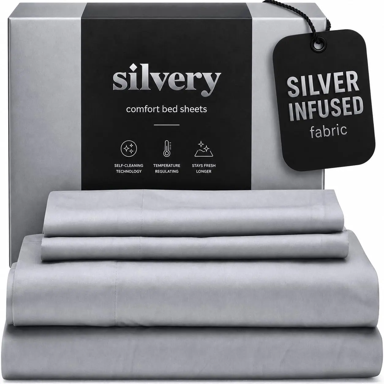 Queen Size Solid Cool Gray Silver-Infused Bed Sheets Set - Soft, Temperature-Regulating, Regular Home Bedroom Bedding with Self-Technology™ for 3X Freshness, Multi-Size Option for Hygienic Sleep, Set Includes