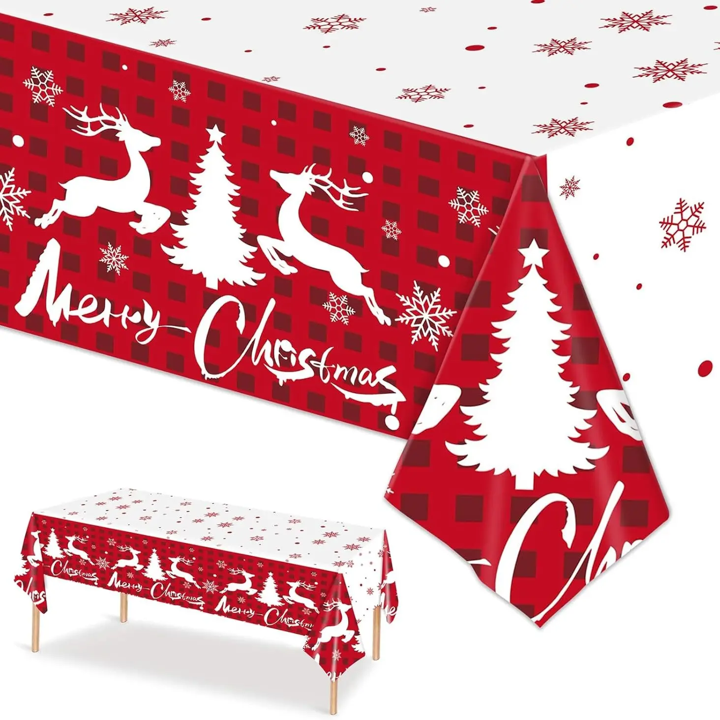 Christmas Tablecloth, Disposable Christmas Party Decor, 54x108 Inches, Winter Reindeer Snowflake Plastic Tablecloth, Holiday Decoration