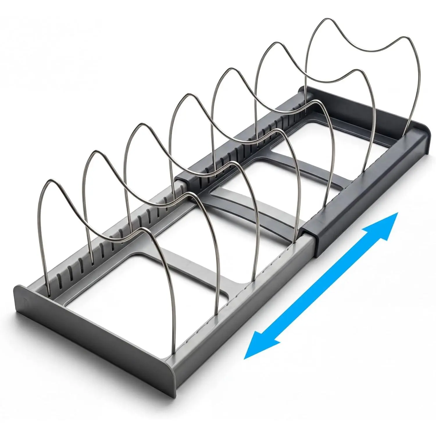 Grey Expandable Pot Lid Organizer Shelf - Adjustable 12"-22" Stainless Steel Dividers (7), Smooth Scratch-Resistant ABS Base, Under Cabinet/Drawer Insert for Pans, Cutting Boards