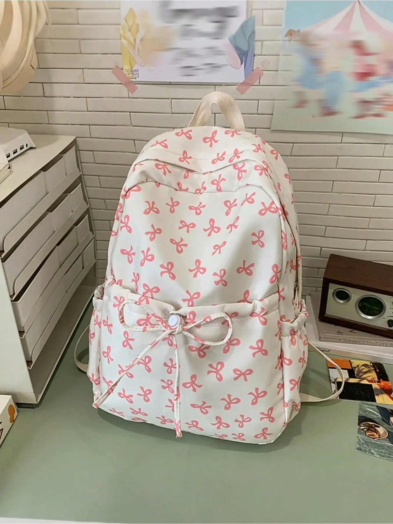 Cute Cartoon Bow Pattern Backpack, Foldable Multi-Pocket Large Capacity Waterproof Zipper Bag, Ideal for School, Travel, Holiday